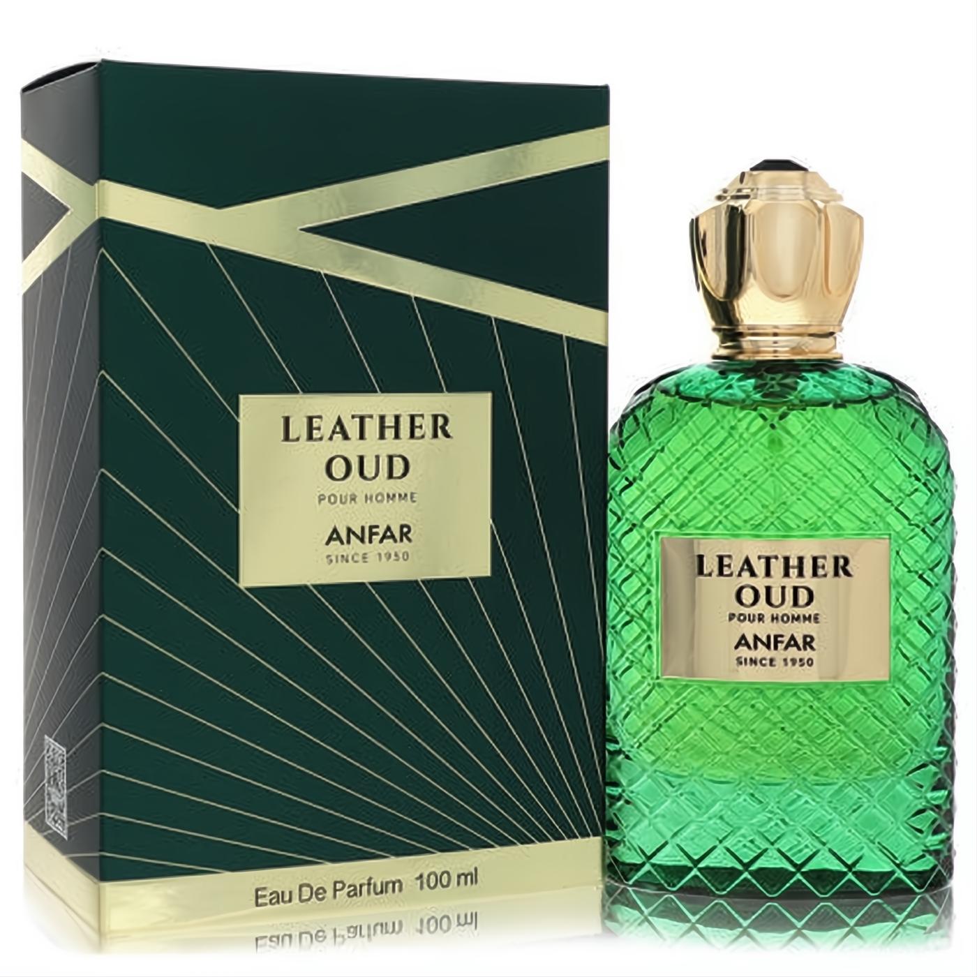 Luxurious Anfar Leather Oud men's EDP, 100ml. Emerald green textured bottle with a regal gold cap and matching dark green box.