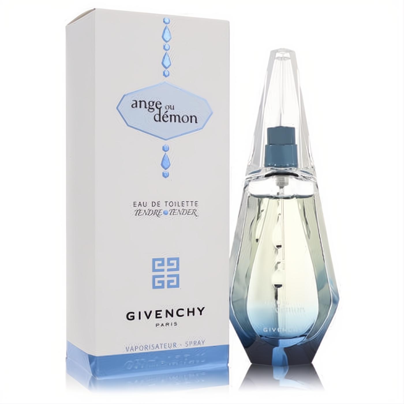 Givenchy Ange Ou Demon Tender 1.7 oz EDT. Unique faceted bottle with a soft blue gradient, presented in an elegant white box.
