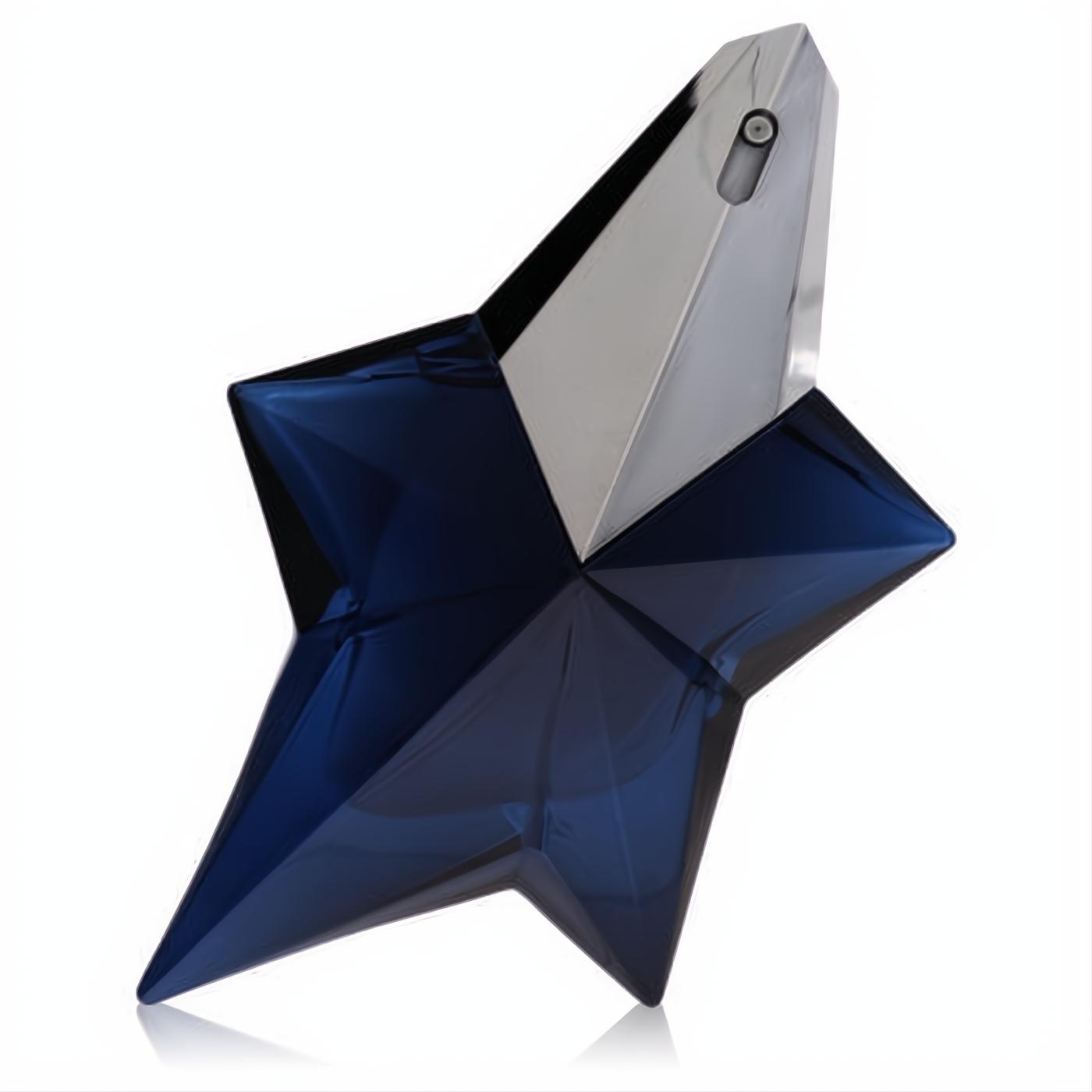 Iconic Angel Elixir by Mugler, a deep blue star-shaped glass perfume bottle with a sleek silver sprayer.