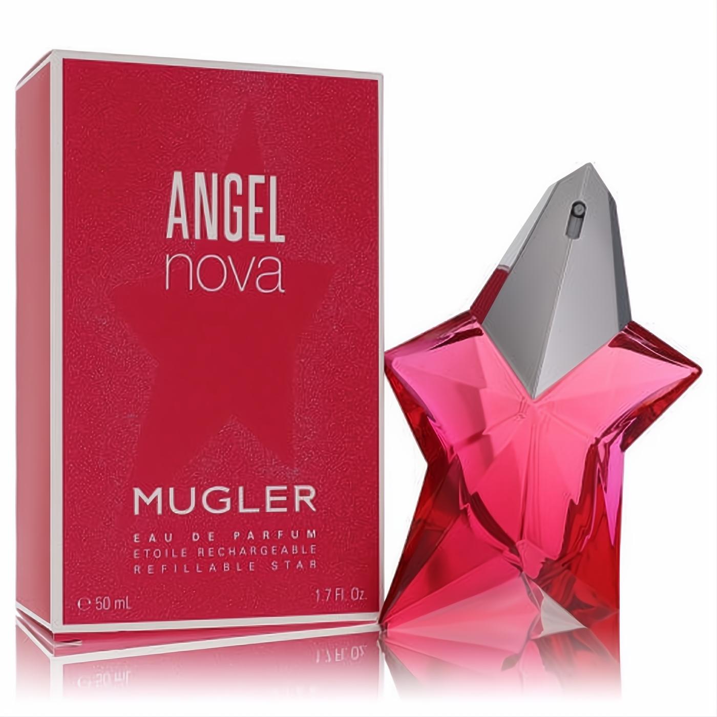Angel Nova Mugler 1.7 oz vibrant pink star-shaped refillable Eau De Parfum bottle and matching red box.