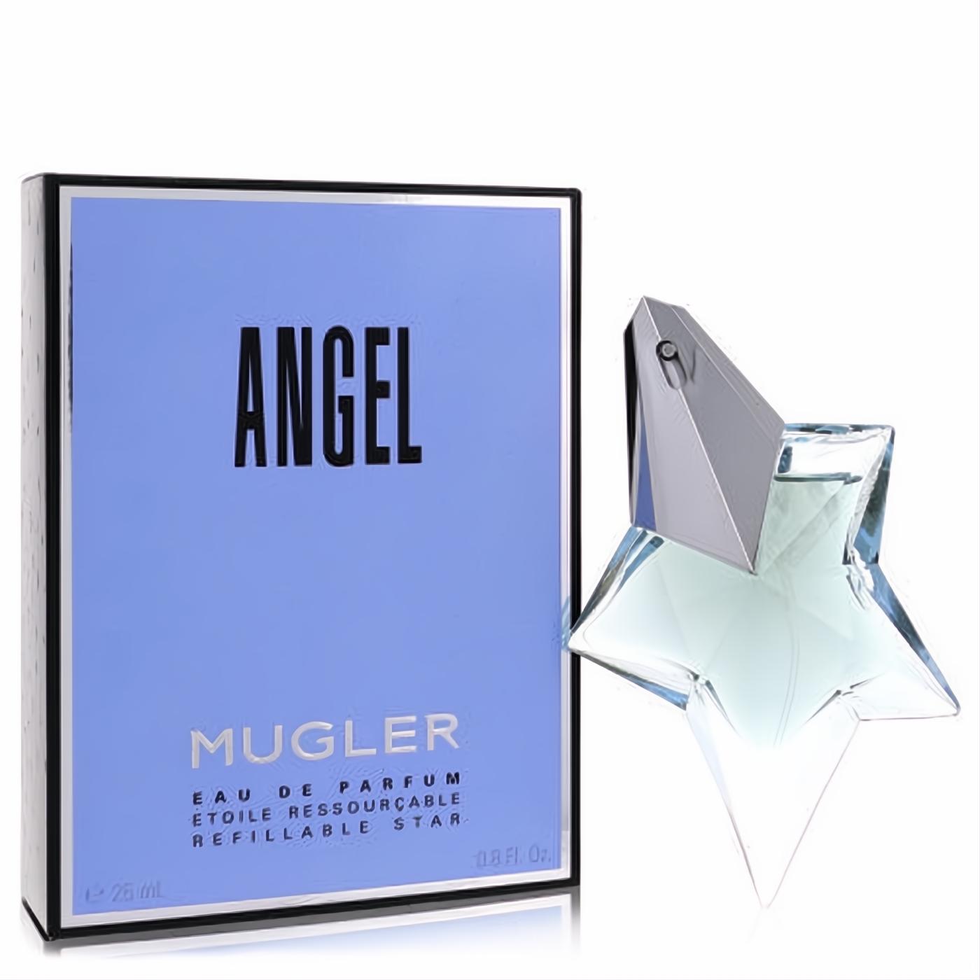 Angel by Mugler .8 oz refillable star-shaped perfume bottle, clear glass with sleek silver cap, next to its signature light blue box.