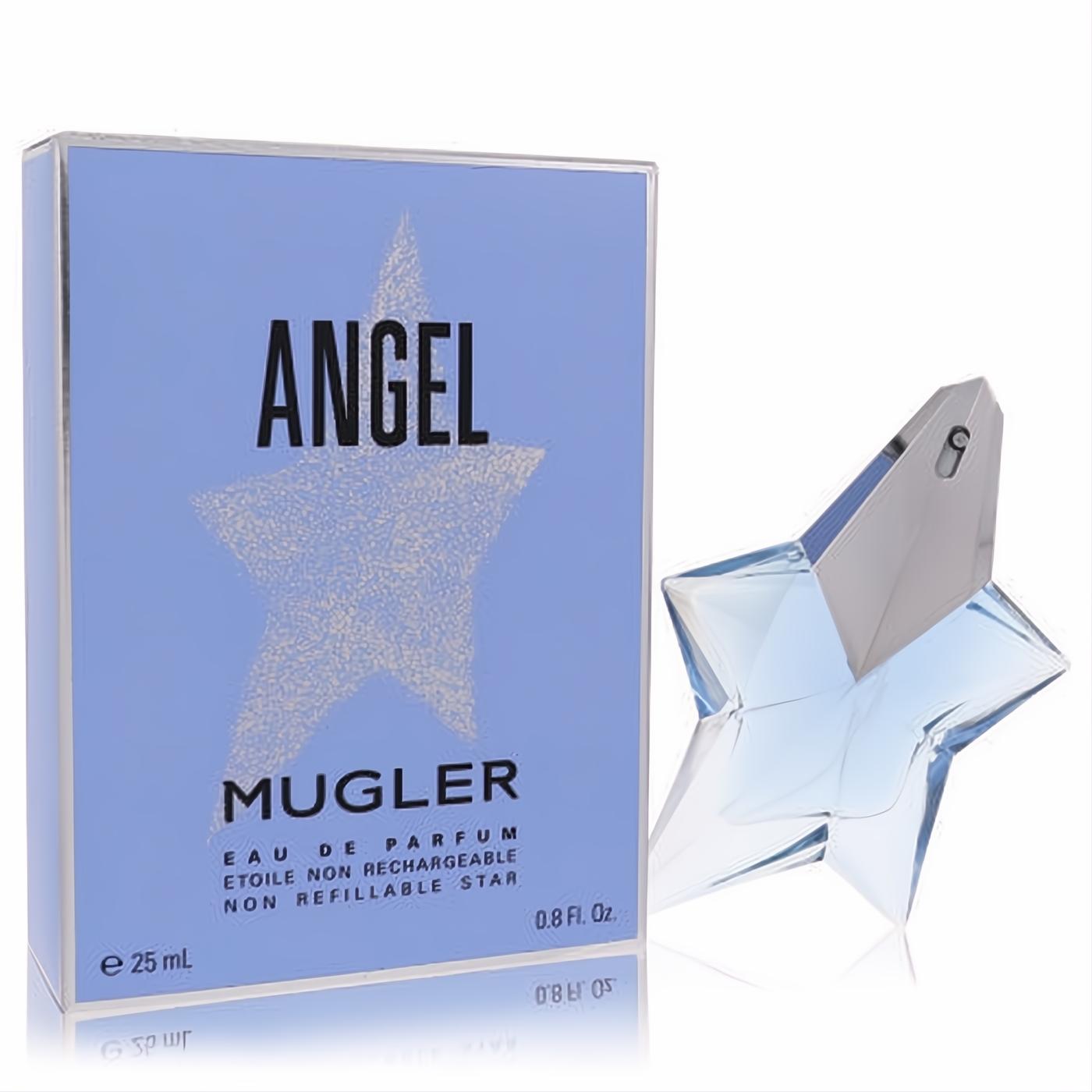 Iconic Angel by Mugler 0.8 oz EDP spray. Features a celestial light blue star bottle and matching box with a shimmering star design.