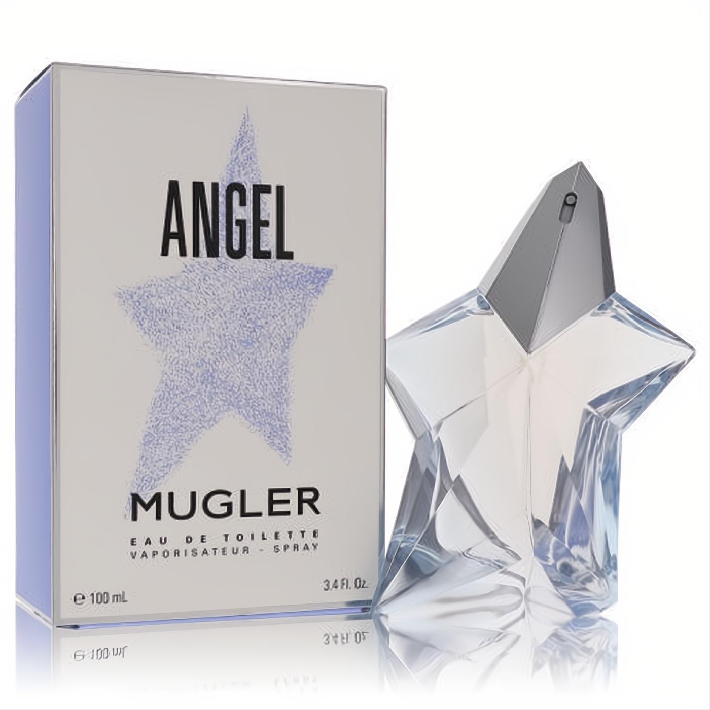 Iconic Angel by Mugler 3.4 oz EDT spray. Features a stunning clear star bottle and elegant silver box with a sparkling blue star design.