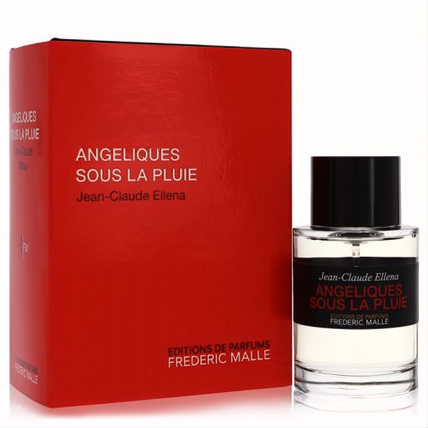 Frederic Malle Angeliques Sous La Pluie 3.4 oz EDT. Sleek clear glass bottle with black cap, beside its striking red branded box.