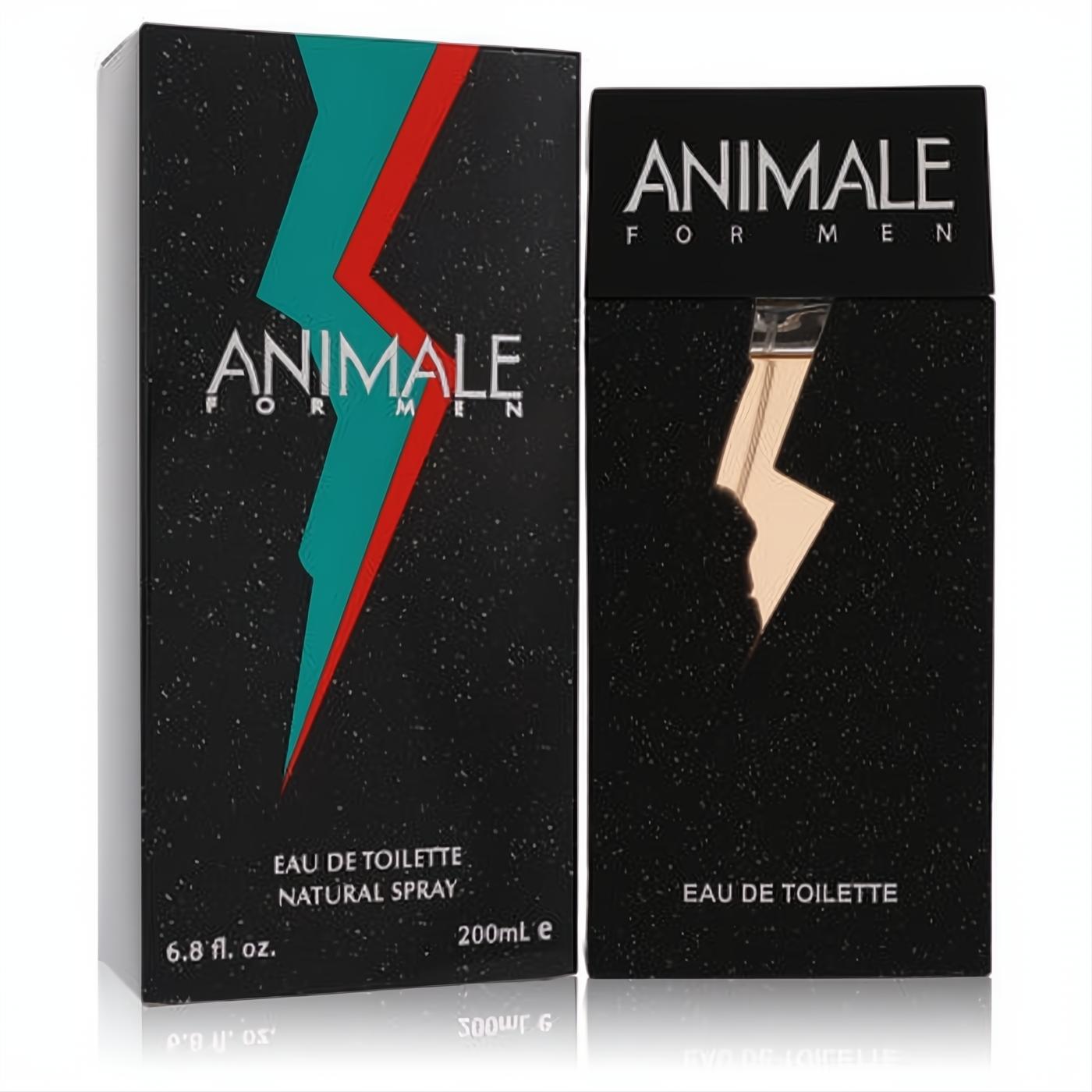 Animale for Men 6.8 oz EDT spray. Bold black bottle with gold lightning bolt and matching box with vibrant teal and red design.