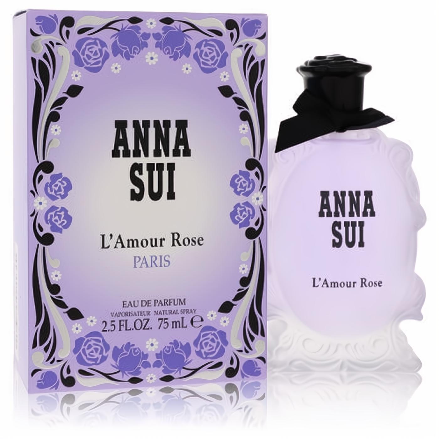 Anna Sui L'amour Rose 2.5 oz EDP in an enchanting lavender ornate bottle with a black bow, beside its floral box.