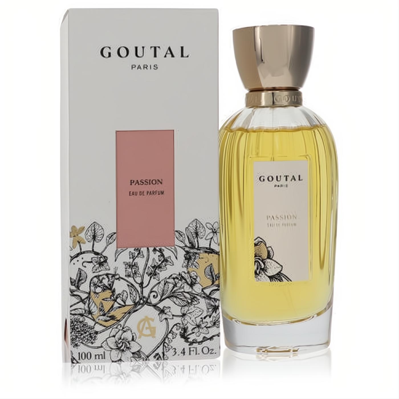 Goutal Passion 3.4 oz EDP: radiant yellow fragrance in a clear glass bottle with golden cap, beside its elegant floral box.