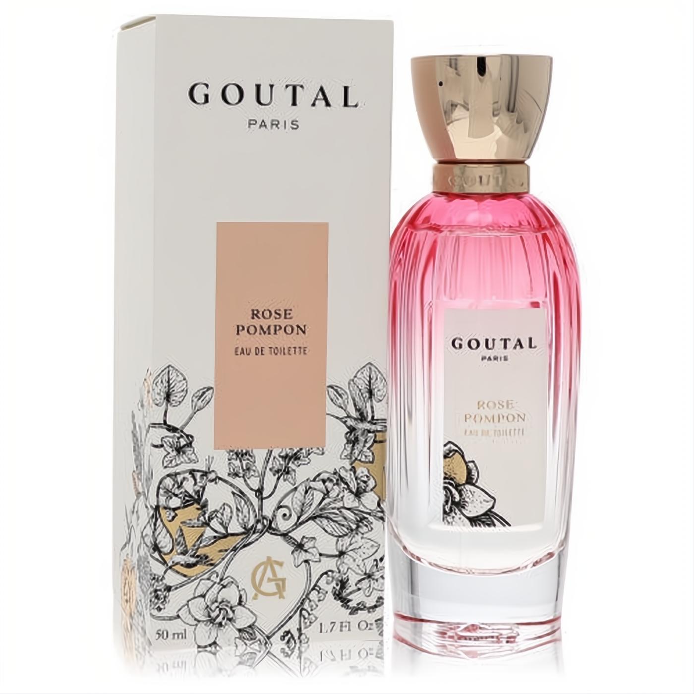 Charming Annick Goutal Rose Pompon 1.7 oz EDT in a vibrant pink fluted bottle with a gold cap, beside its elegant floral box.
