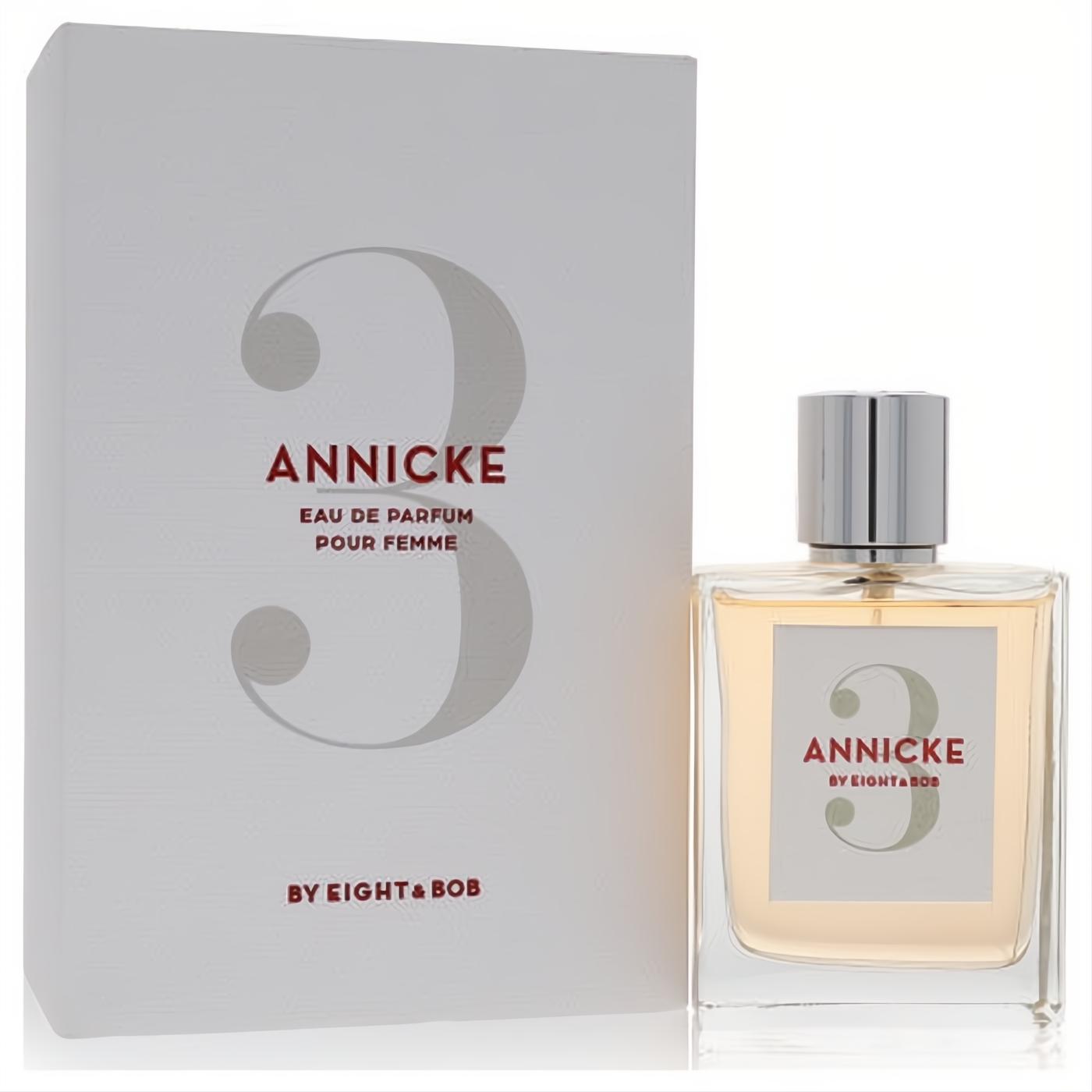 Elegant Annicke 3 by Eight & Bob 3.4 oz EDP. Clear glass bottle with golden liquid, silver cap, and white box featuring the '3' design.