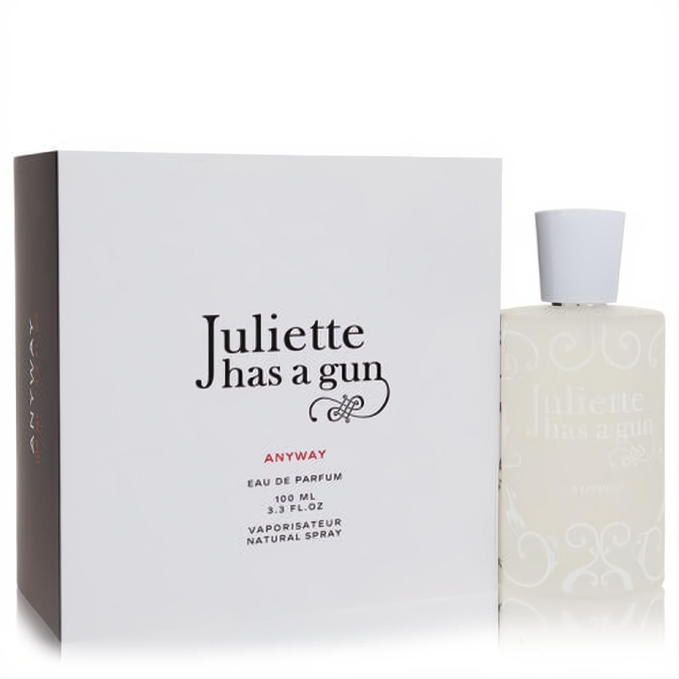 Juliette Has a Gun Anyway 3.3 oz EDP. Frosted white bottle with elegant scrollwork logo, paired with a crisp white box featuring bold red text.