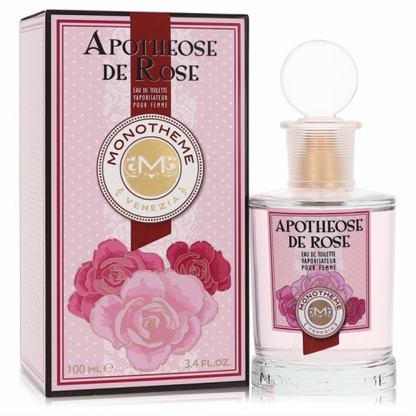 Monotheme Apothéose de Rose 3.4 oz EDT spray, clear glass bottle with elegant pink floral label, next to its beautiful rose-patterned box.