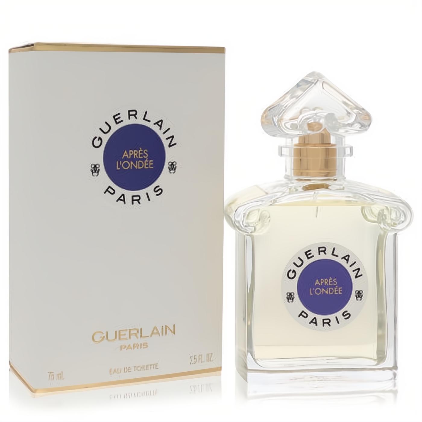 Elegant Guerlain Apres L'ondee 2.5 oz EDT, pale gold liquid in a classic fluted glass bottle with gold neck and blue label.