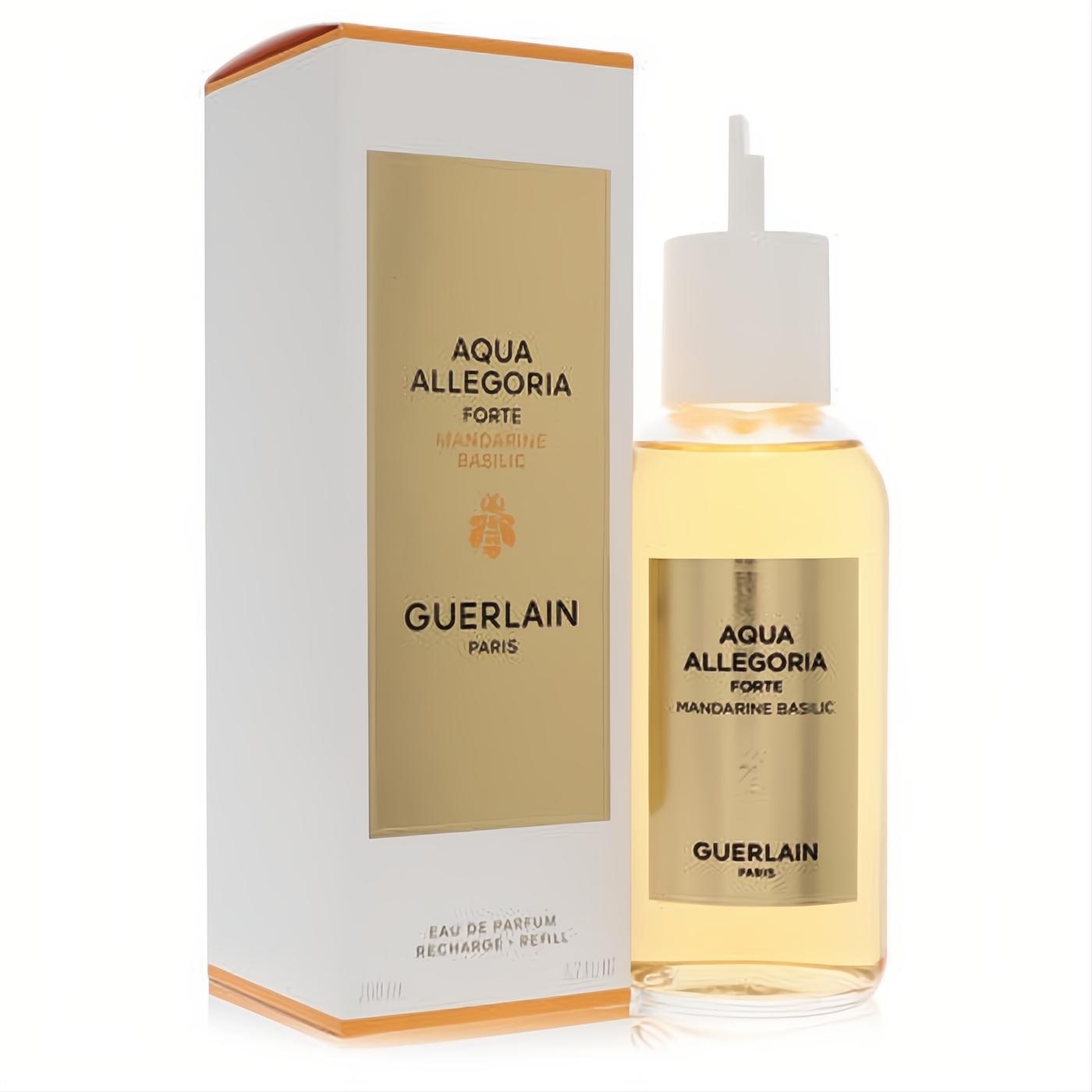 Guerlain Aqua Allegoria Forte Mandarine Basilic 6.7 oz EDP refill. Golden fragrance in clear bottle with white dispenser, elegant white and gold box.