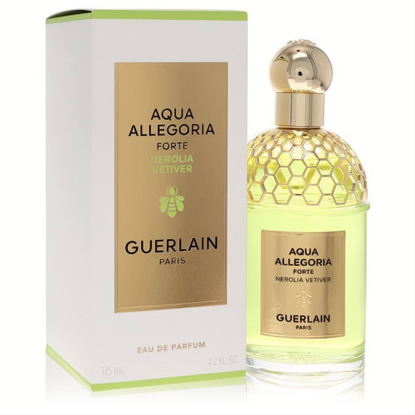Guerlain Aqua Allegoria Forte Nerolia Vetiver 4.2 oz unisex EDP. Elegant bottle with vibrant yellow liquid, gold honeycomb cap, and white box.