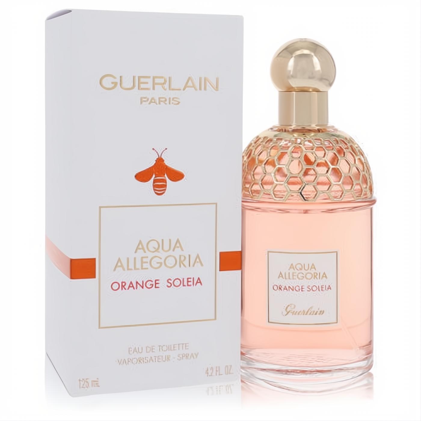 Guerlain Aqua Allegoria Orange Soleia 4.2 oz EDT. Elegant clear glass bottle with radiant peach fragrance, gold honeycomb cap, and matching white box.