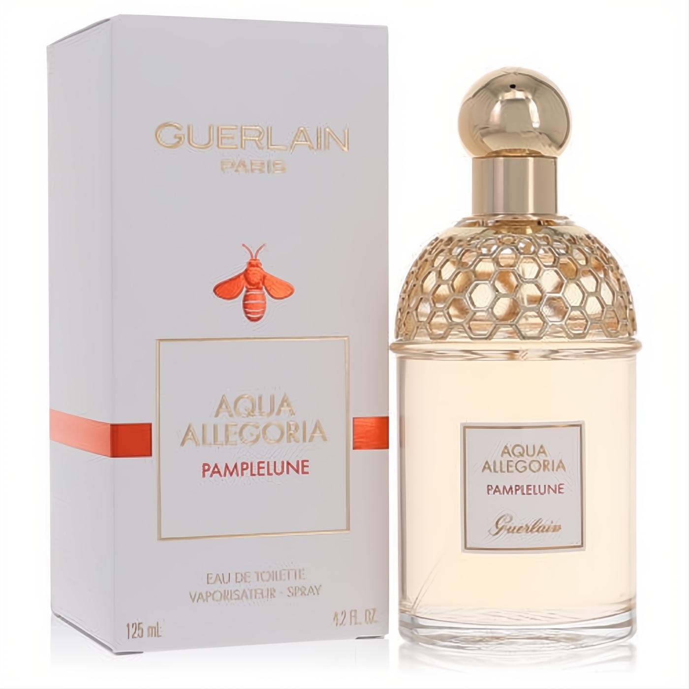 Guerlain Aqua Allegoria Pamplelune 4.2 oz EDT spray. Clear glass bottle with unique gold honeycomb cap and elegant white box.
