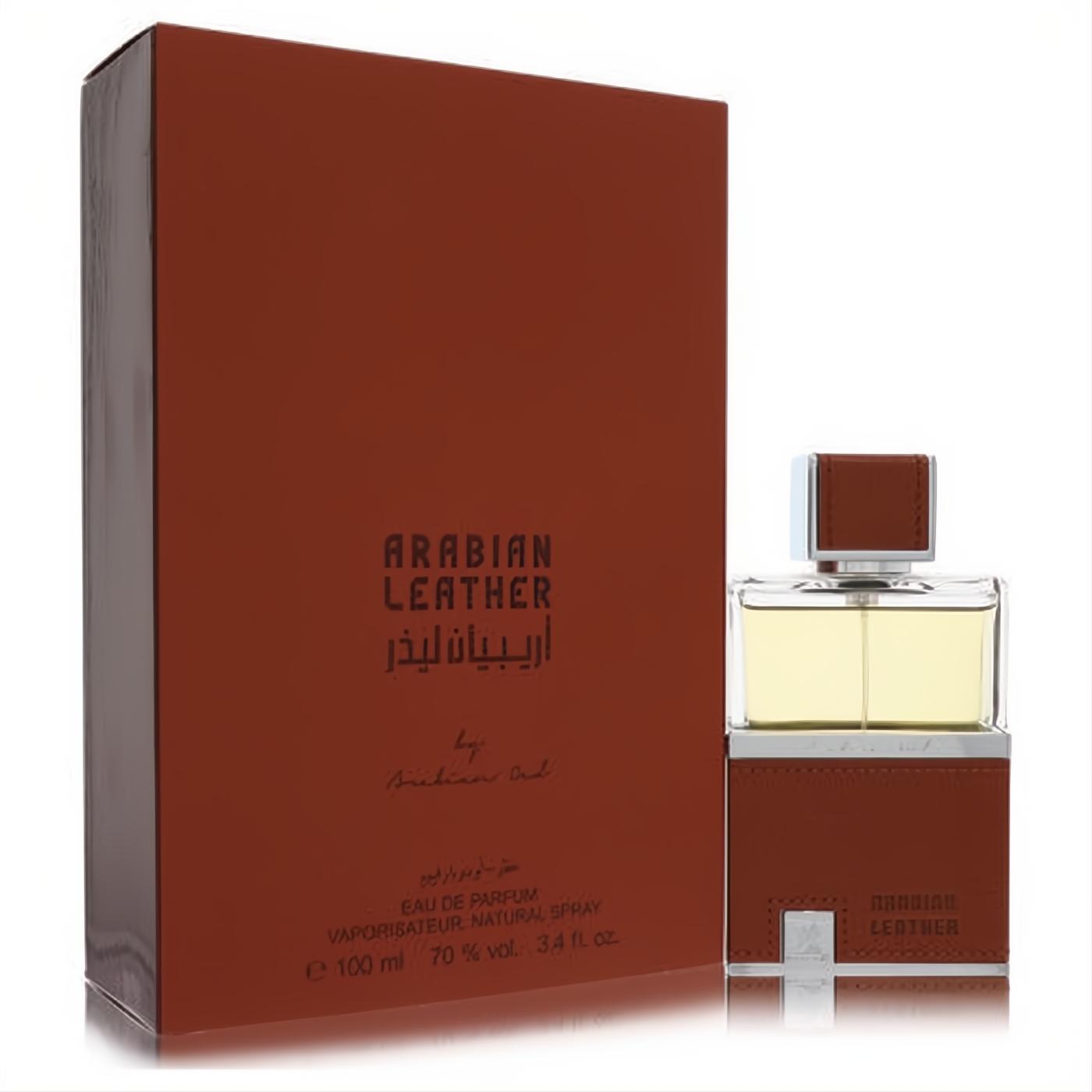 Luxurious Arabian Leather by Arabian Oud 3.4 oz unisex EDP spray. Sleek bottle with brown leather detail and elegant matching box.
