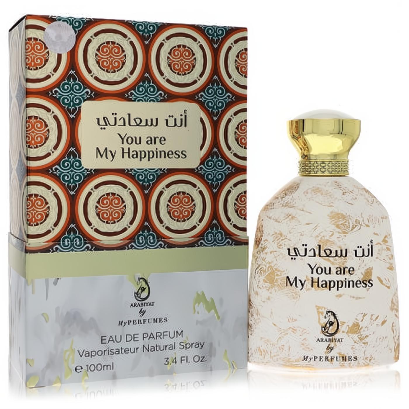 Exquisite Arabiyat You Are My Happiness unisex EDP, 3.4 oz. White bottle with intricate gold patterns, shiny gold cap, and ornate teal box.