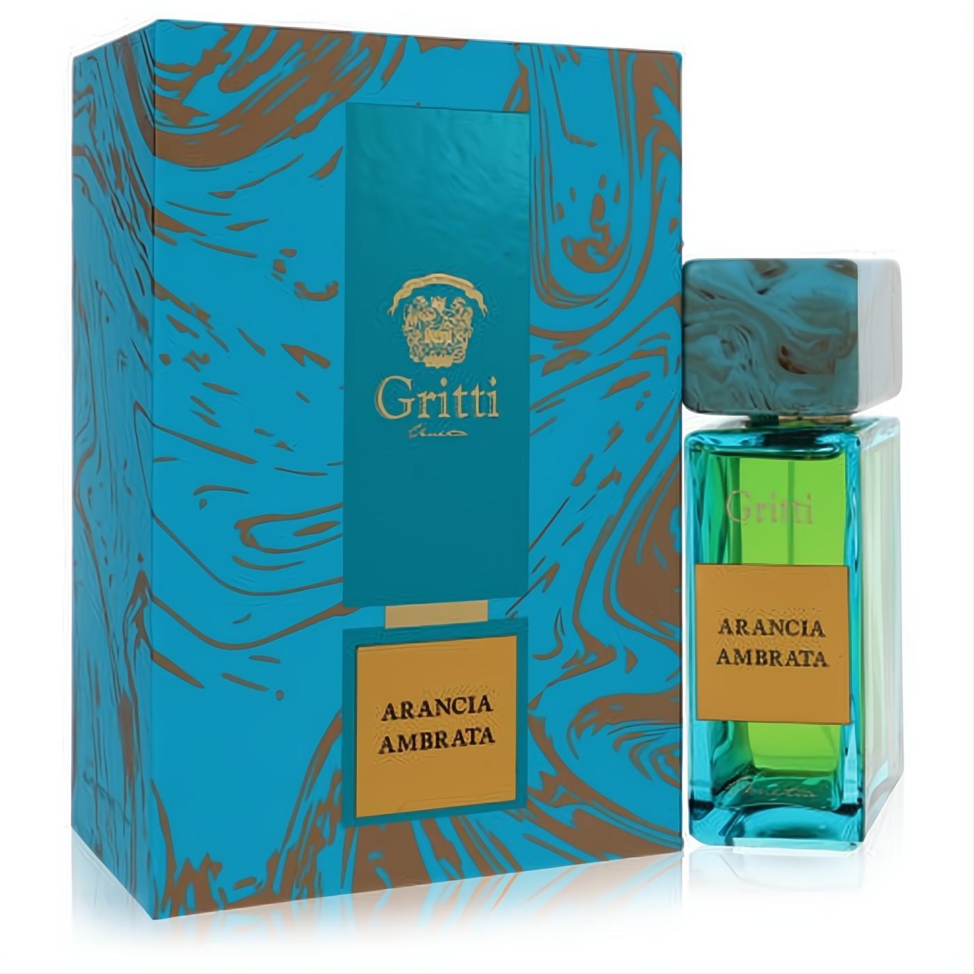 Luxurious Gritti Arancia Ambrata 3.4 oz unisex EDP. Vibrant teal-green bottle with marbled cap, next to an elegant matching gold-swirl box.