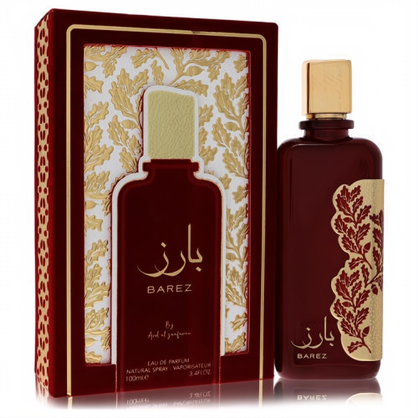 Stunning Ard Al Zaafaran Barez unisex EDP, 3.4 oz. Luxurious deep red bottle with elegant gold leaf design and matching velvet-finish box.