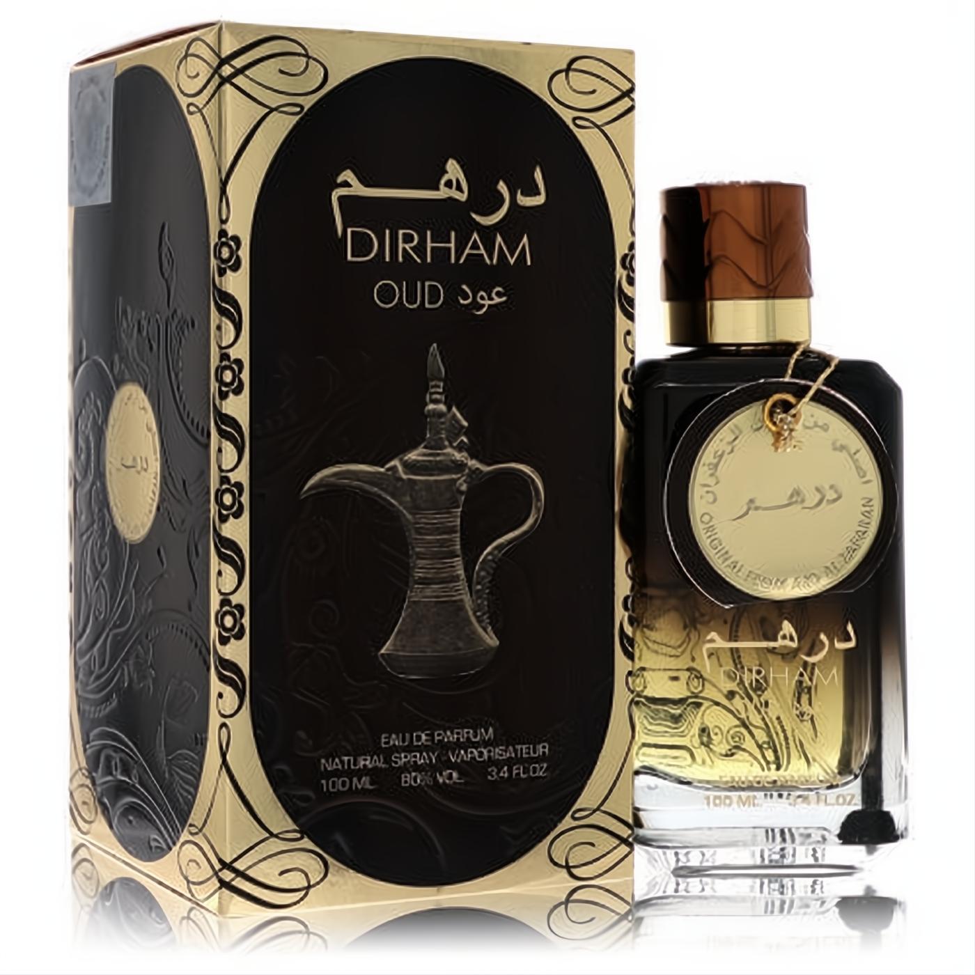 Ard Al Zaafaran Dirham Oud 3.4 oz unisex EDP. Luxurious black & gold box with dallah design, clear bottle, wood-grain cap.