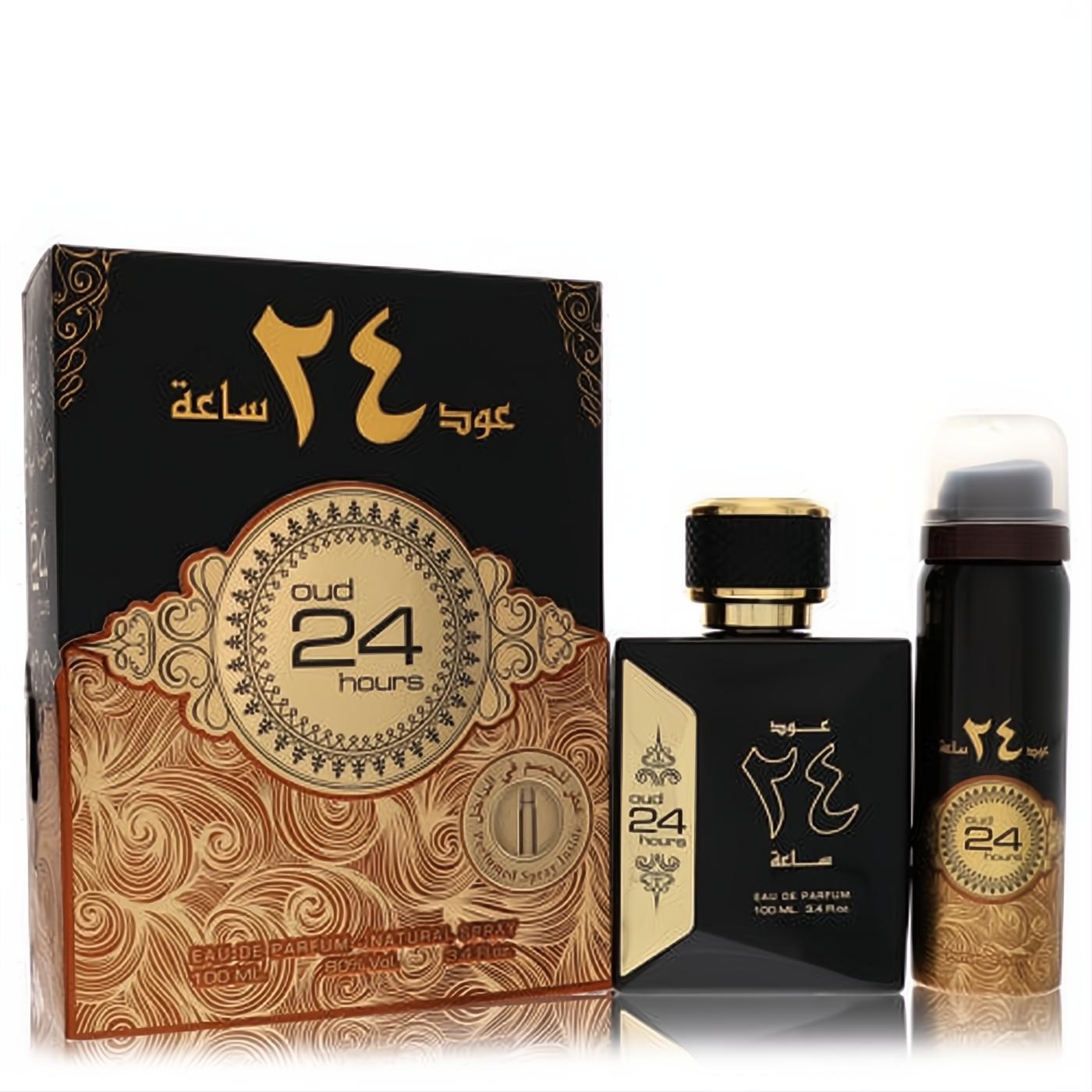 Luxurious Ard Al Zaafaran Oud 24 Hours unisex fragrance set: black & gold 3.4oz EDP, 1.7oz spray, and ornate box.