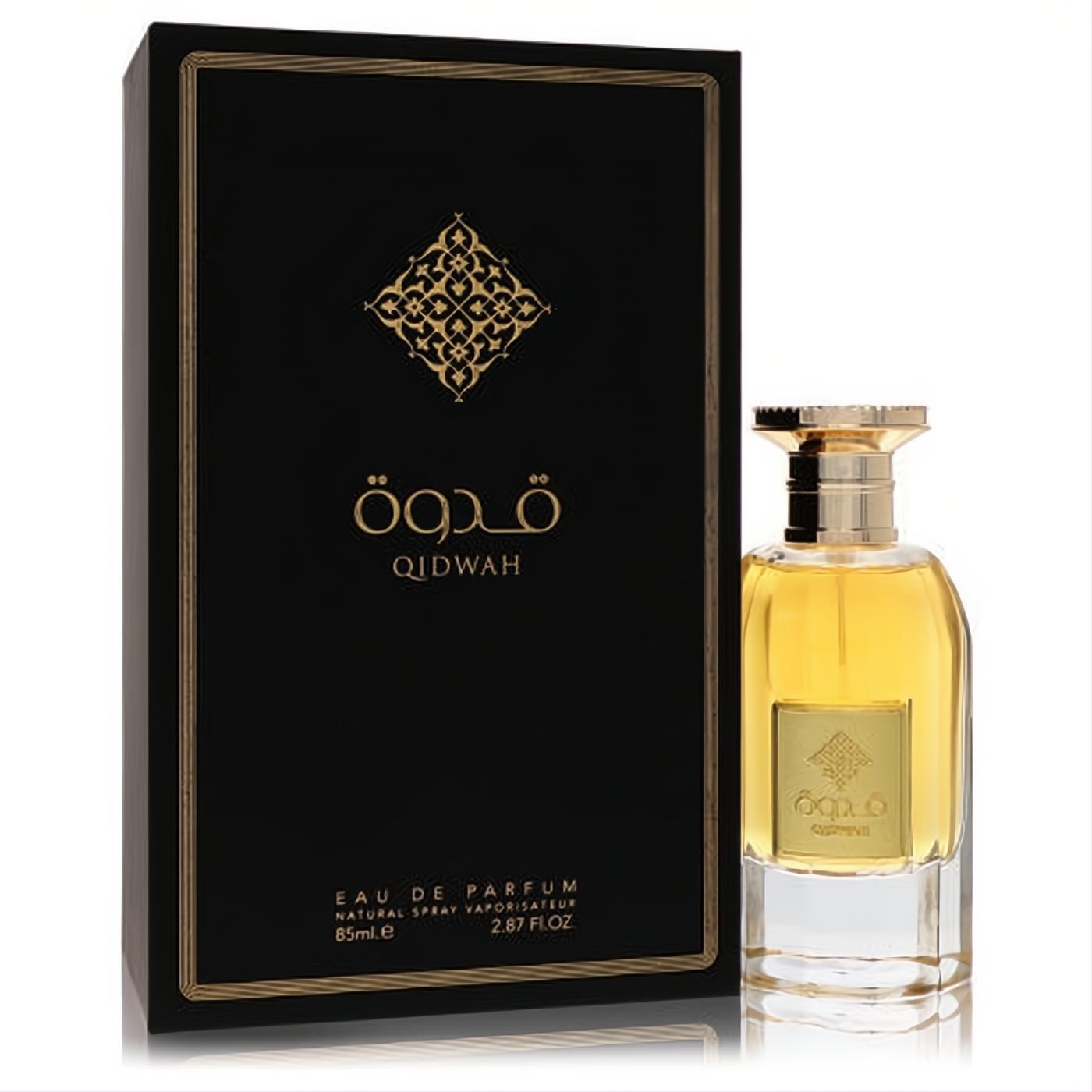 Ard Al Zaafaran Qidwah unisex EDP, 2.87 oz. Golden perfume in a clear bottle with a gold cap and elegant black & gold box.