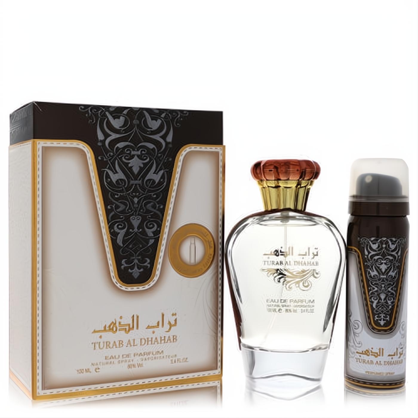 Exquisite Ard Al Zaafaran Turab Al Dhabah 3.4 oz EDP and 1.7 oz perfumed spray. Elegant gold, white, and brown Arabic-patterned set