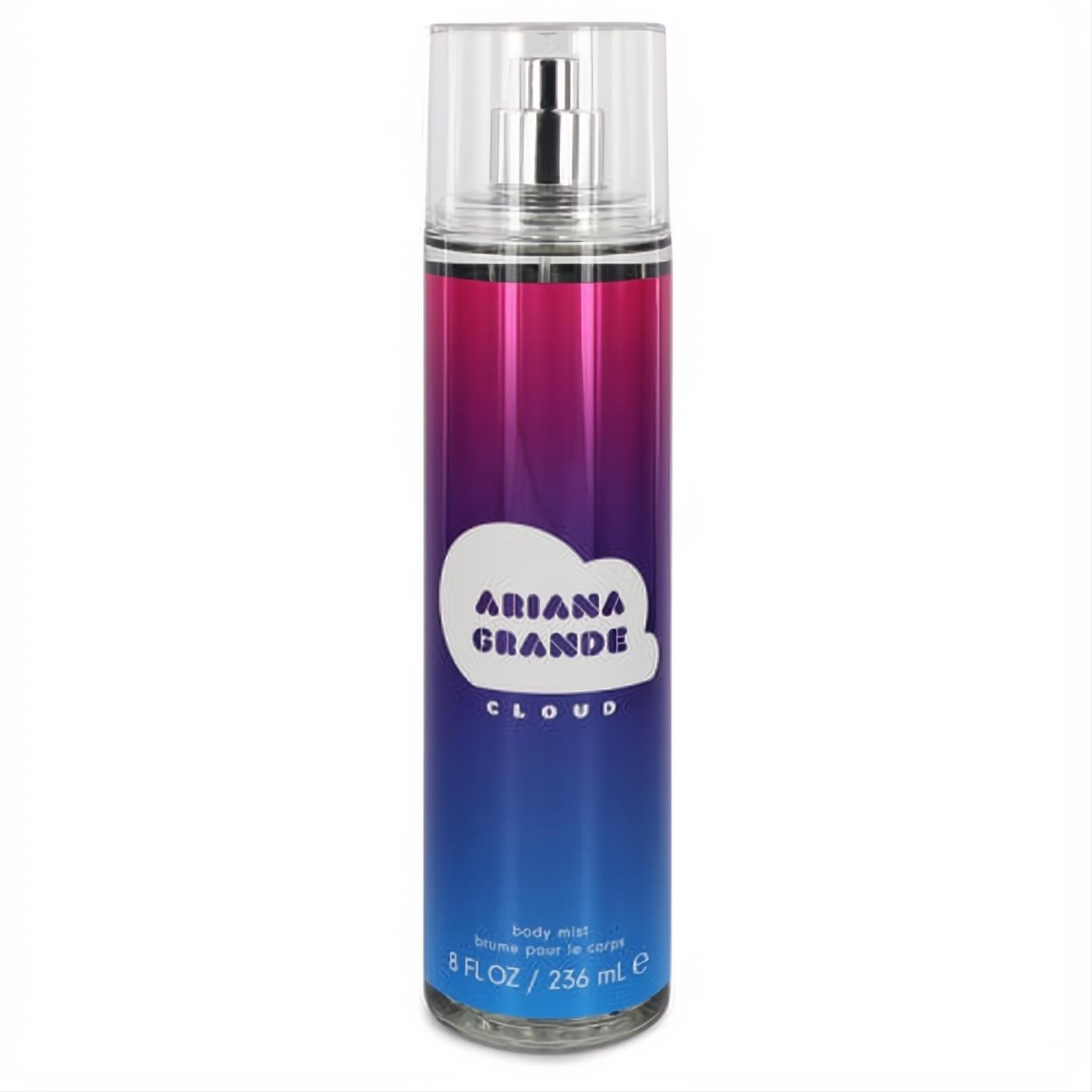 Ariana Grande Cloud 8 oz body mist. Vibrant pink-to-blue gradient bottle with a clear cap and signature cloud logo.