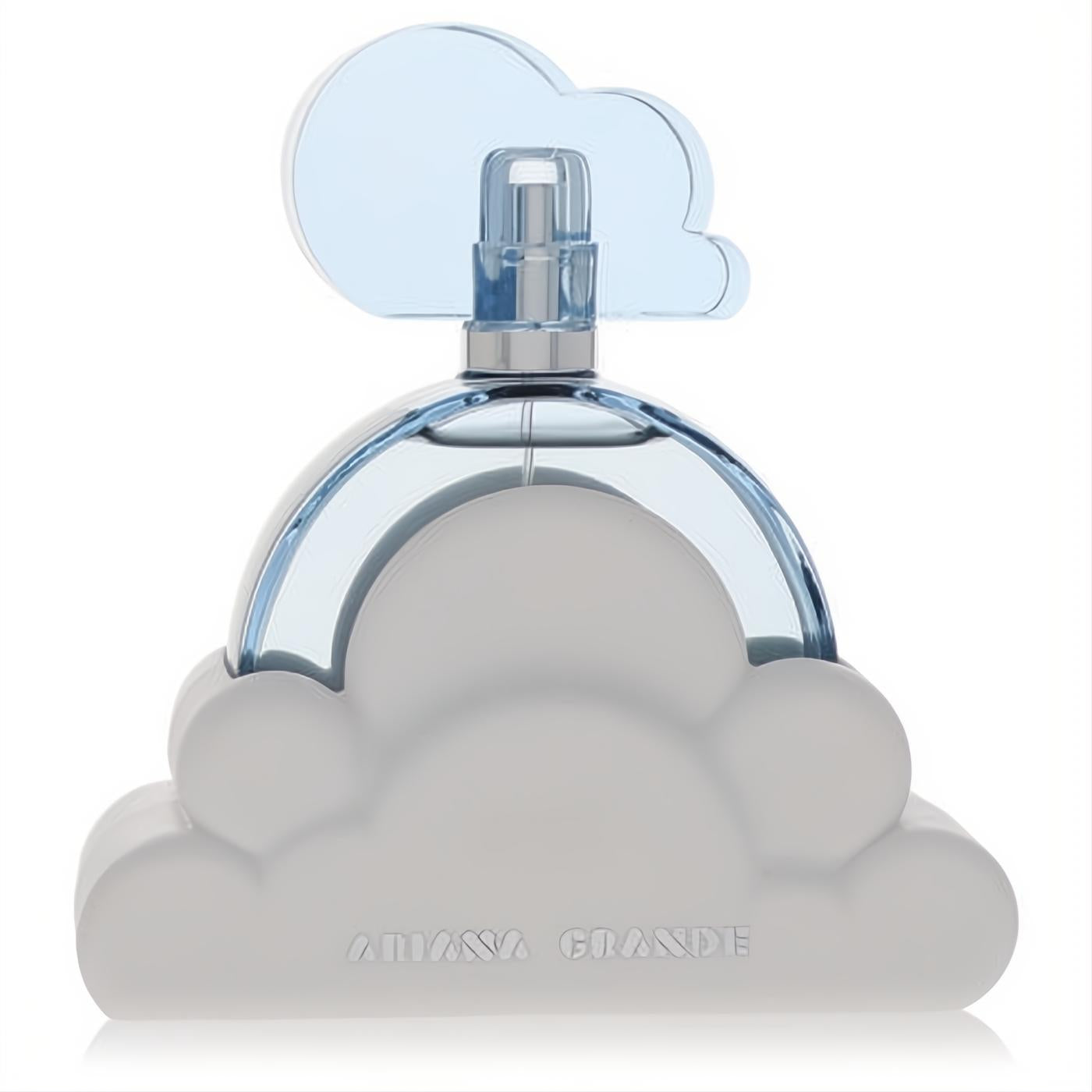 Iconic Ariana Grande Cloud Eau De Parfum bottle with frosted white cloud base and clear blue cloud cap.
