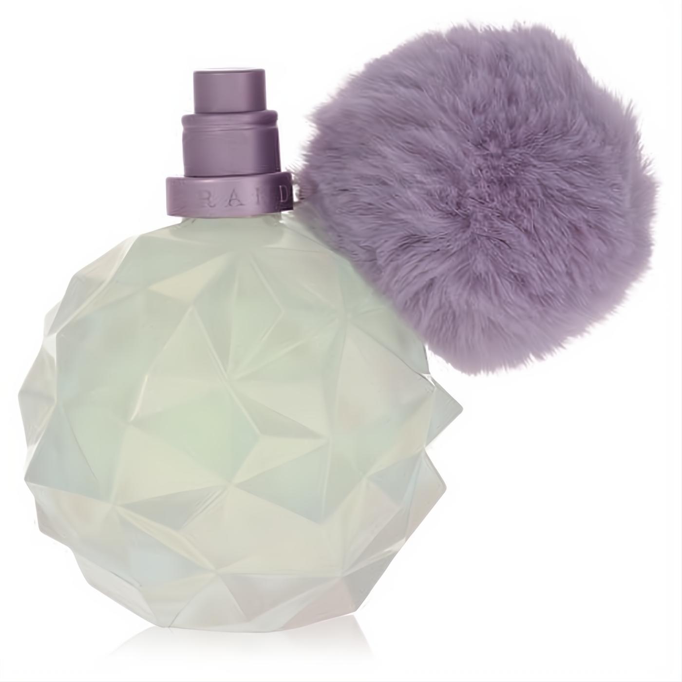 Ariana Grande Moonlight 3.4 oz perfume. Iridescent faceted bottle, lavender sprayer, and luxurious fluffy purple pom-pom.