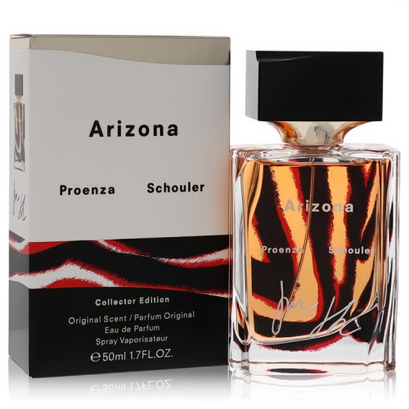 Arizona Proenza Schouler Collector's Edition 1.7oz EDP. Faceted glass bottle with warm amber liquid, sleek black cap, and modern white box.