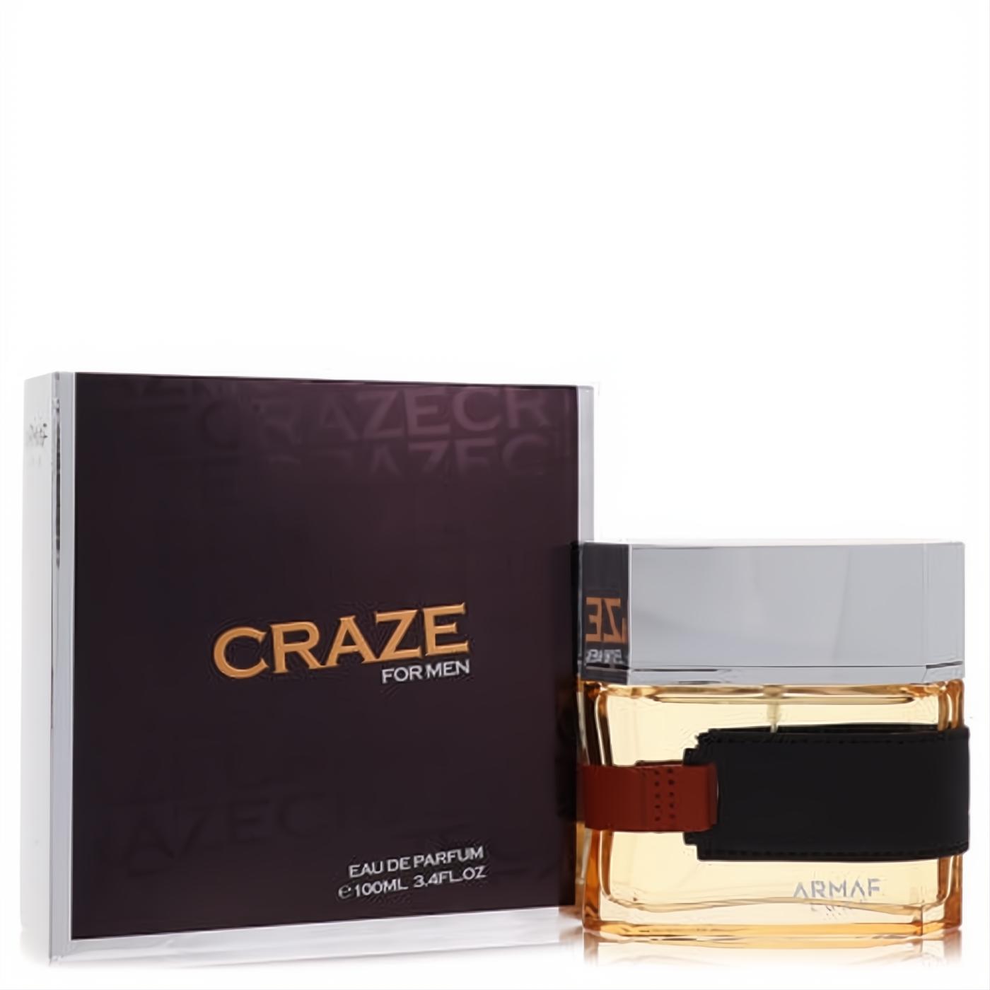 Armaf Craze for Men 3.4oz EDP. Amber fragrance in a sleek bottle with silver cap, black band, and elegant gold-on-brown box.
