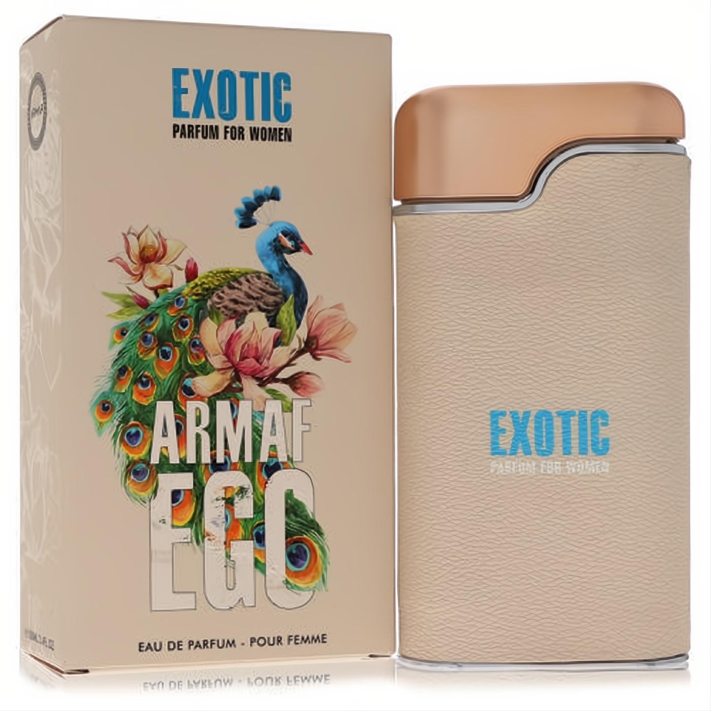 Armaf Ego Exotic 3.38 oz women's perfume. Chic beige textured bottle with gold cap, beside a box with a vibrant peacock and floral design.