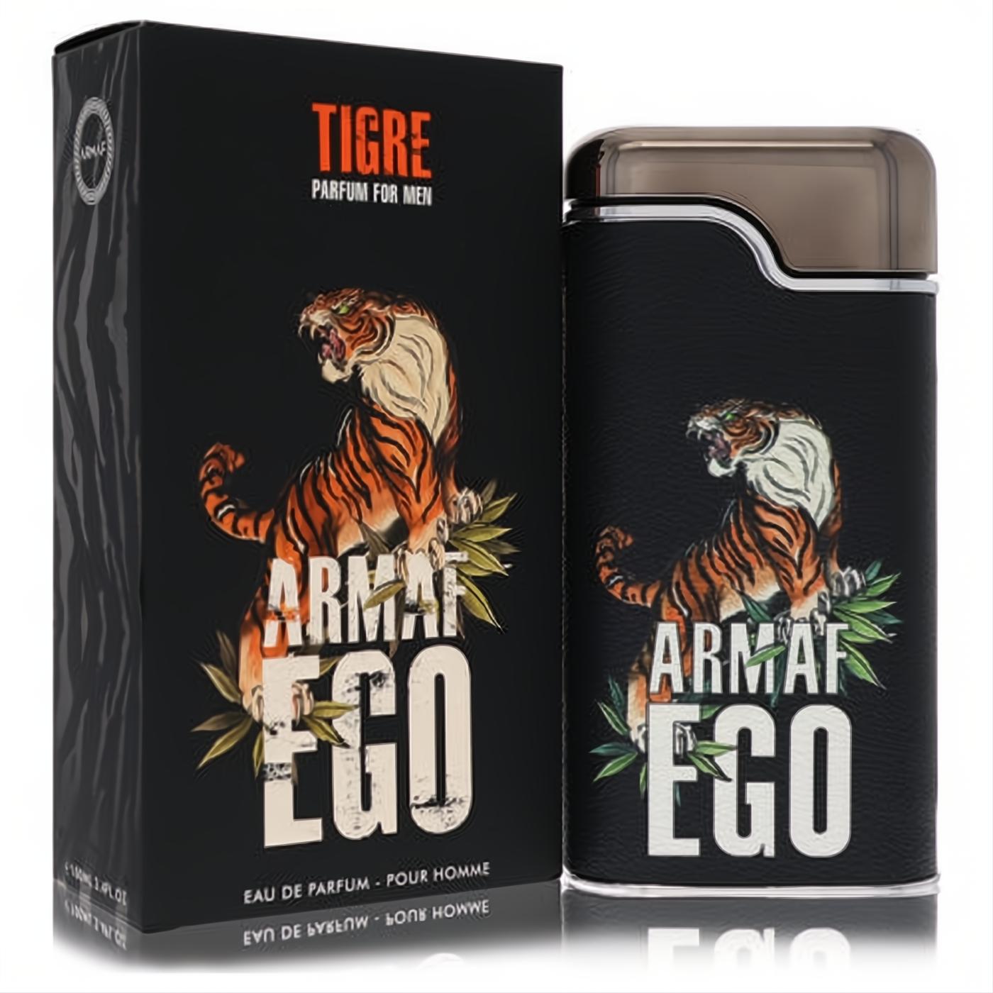 Distinctive Armaf Ego Tigre 3.38 oz men's fragrance. Black textured bottle with fierce tiger graphic and sleek bronze cap.