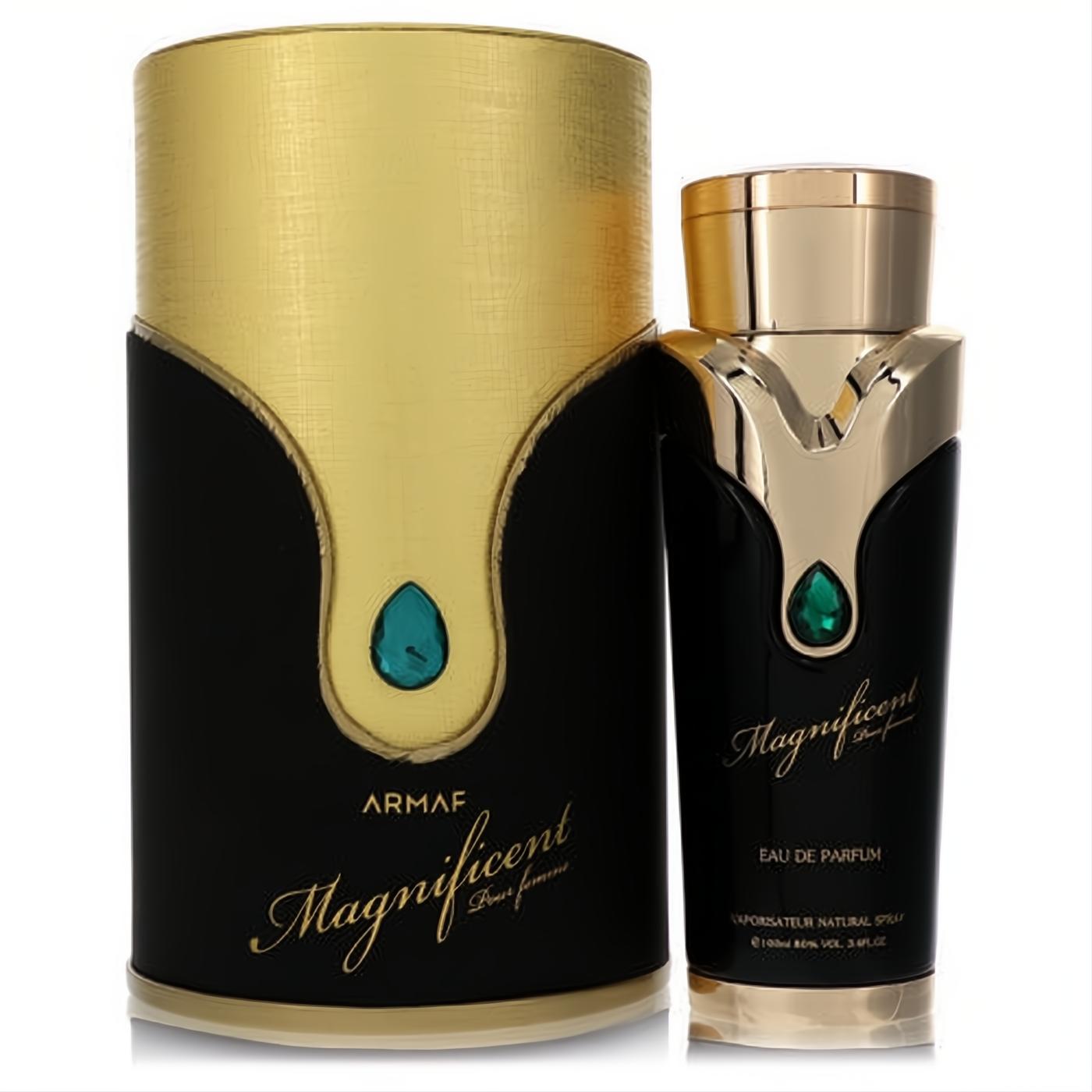 Exquisite Armaf Magnificent 3.4 oz EDP. Black and gold bottle with a unique design and a sparkling green gemstone.
