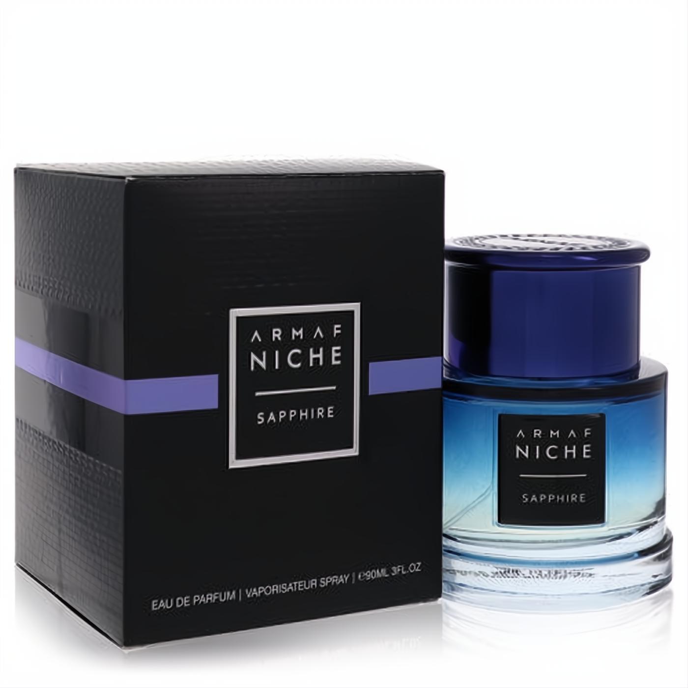 Armaf Niche Sapphire 3 oz EDP. Elegant black box with purple stripe and captivating blue gradient glass bottle.