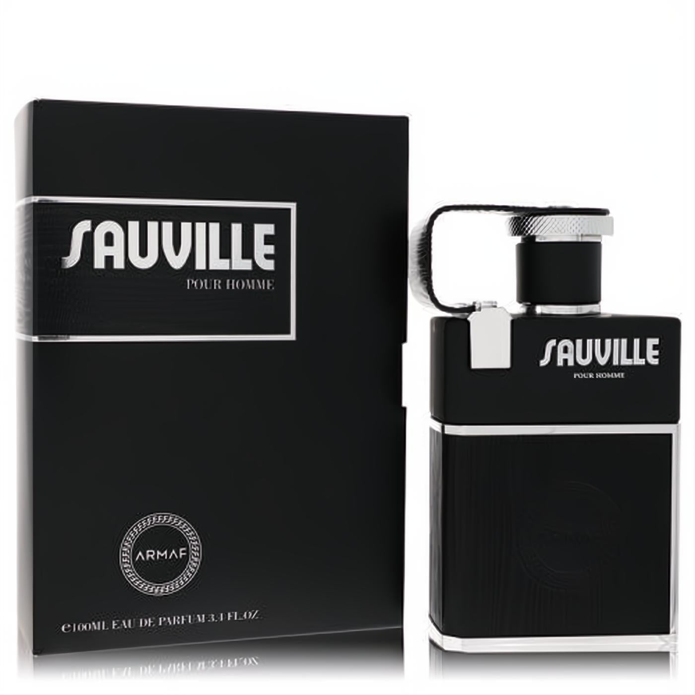 Armaf Sauville 3.4 oz men's EDP in a sleek black textured flask with silver cap and unique handle, beside its matching box.