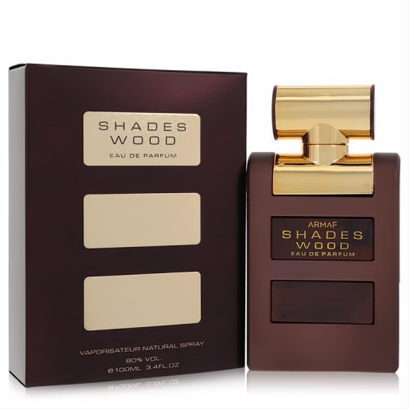 Luxurious Armaf Shades Wood 3.4 oz EDP for men. Rich dark brown bottle with a bold gold cap, showcasing its elegant design.