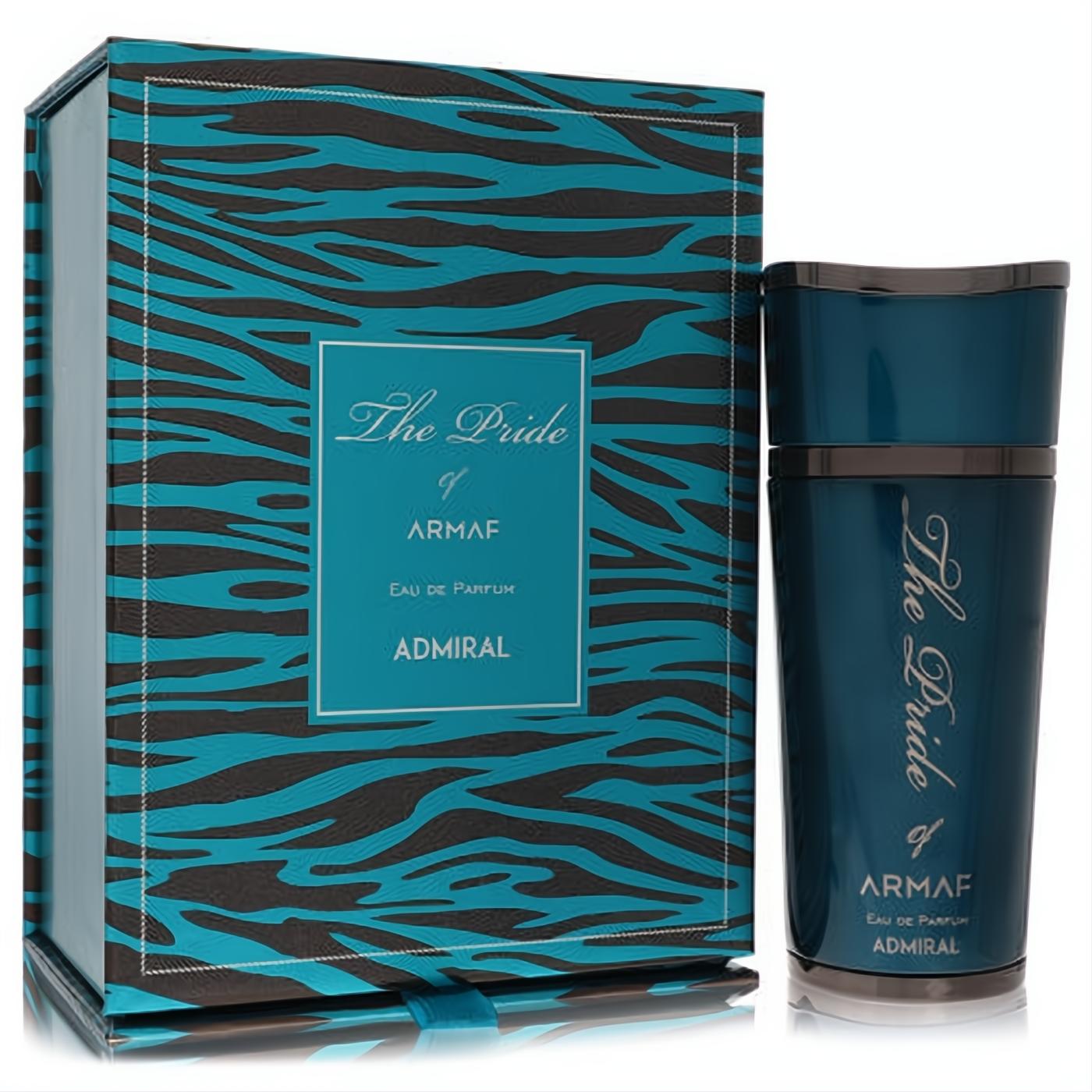 Armaf The Pride Admiral men's cologne: a sleek teal bottle and vibrant zebra-print box for a bold statement.