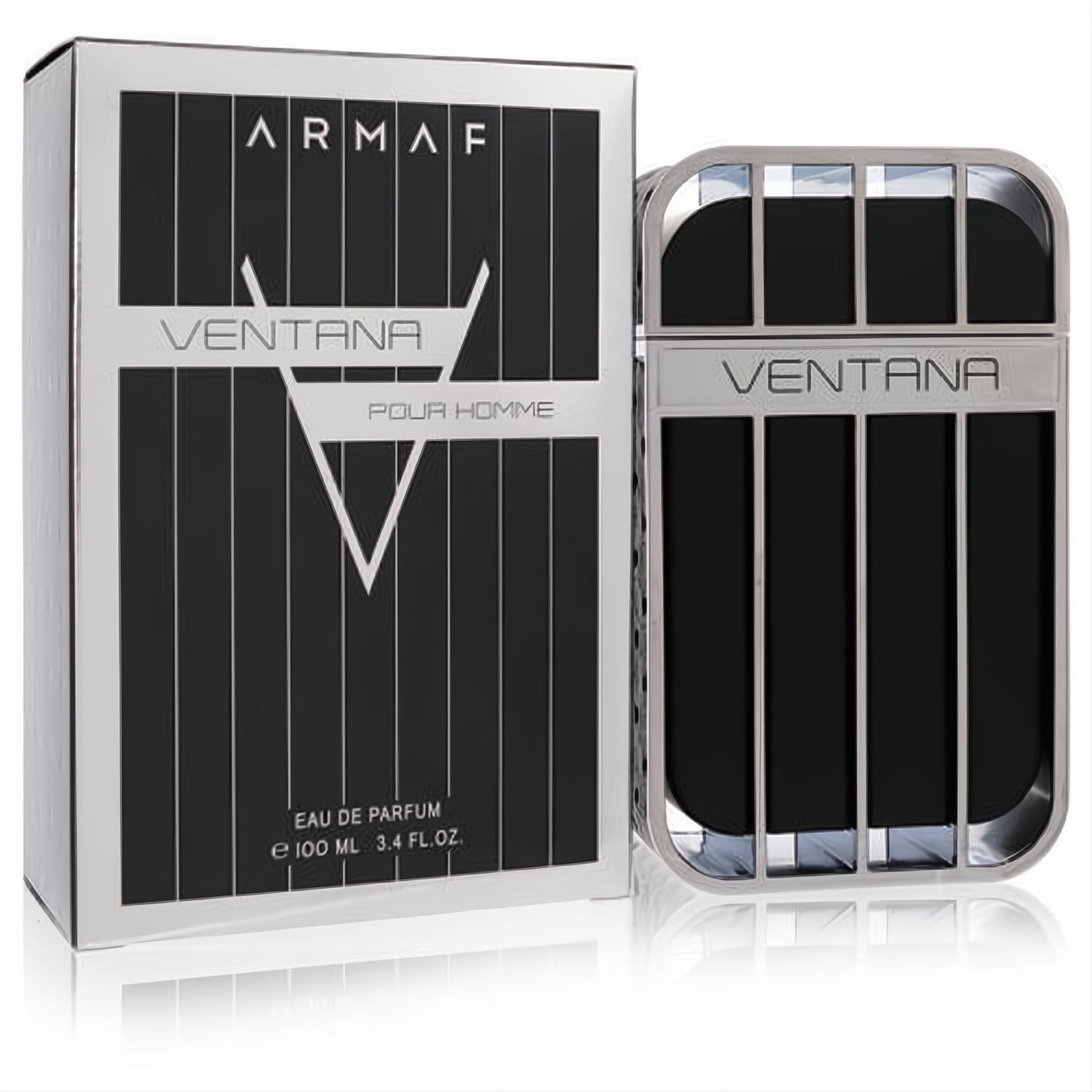Armaf Ventana 3.4 oz men's EDP. Sleek black bottle with a bold silver cage design, presented with its elegant box.
