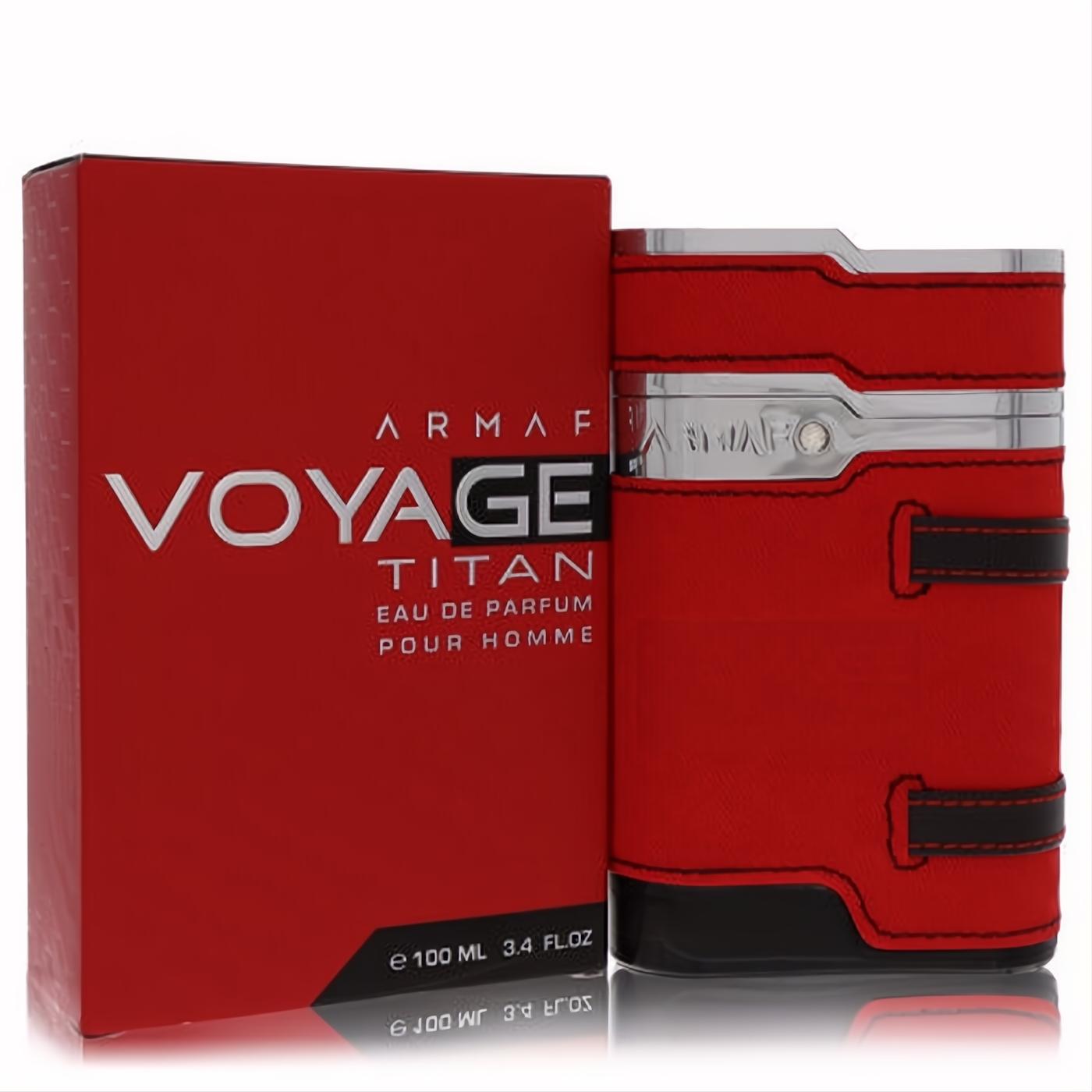 Vibrant red Armaf Voyage Titan 3.4 oz men's EDP, with a textured bottle, silver cap, and stylish black strap accents.