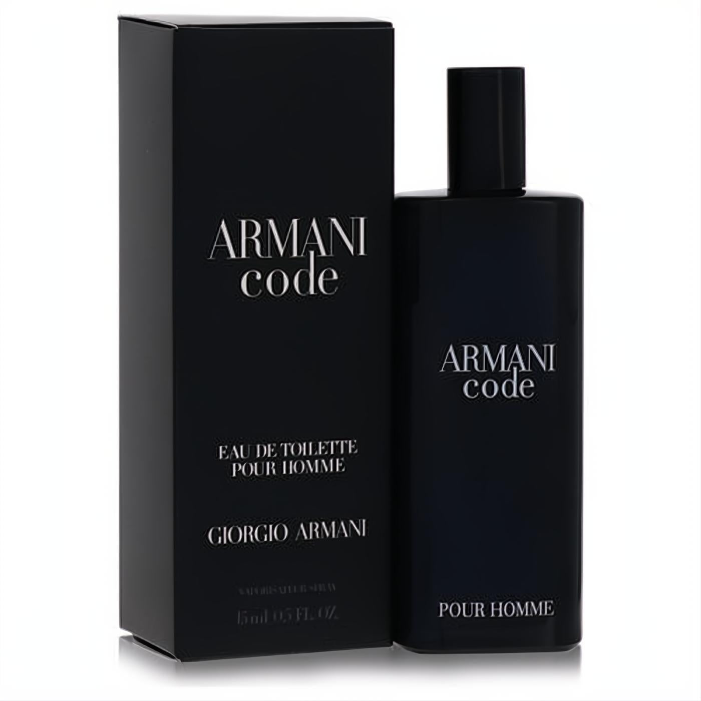 Experience Armani Code for men: a sleek 0.5 oz dark blue Eau De Toilette spray bottle and elegant matching box.