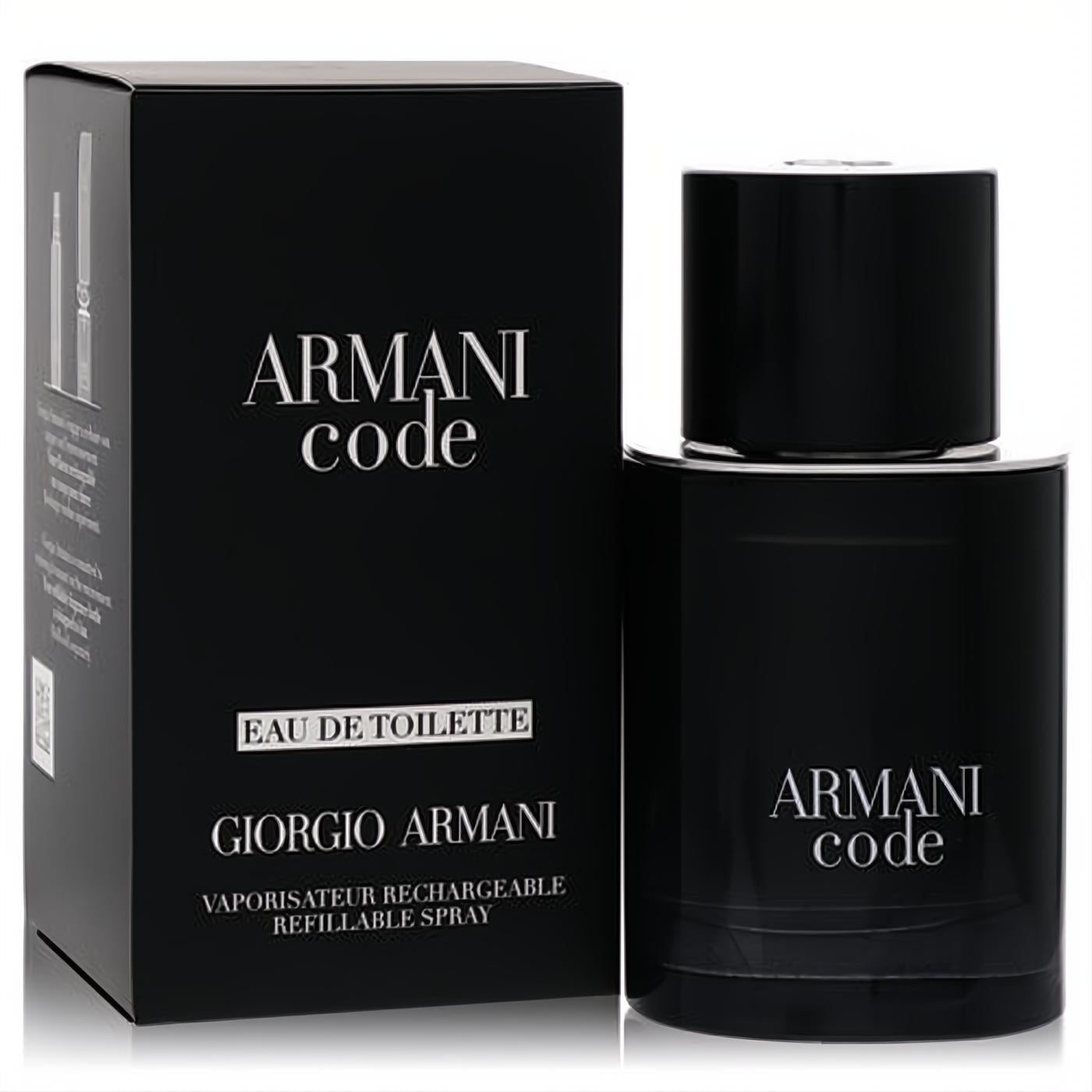 Refillable Armani Code 1.7 oz men's Eau De Toilette in a sleek black bottle, presented with its elegant matching box.