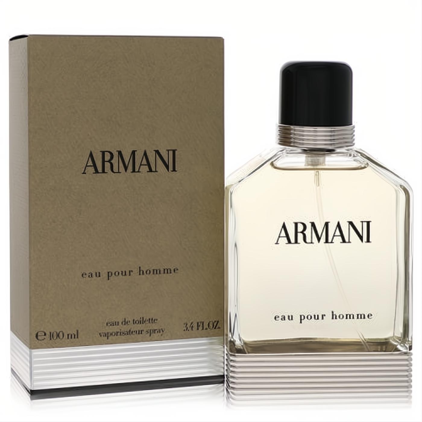 Sophisticated Armani Eau Pour Homme 3.4 oz men's fragrance. Clear glass bottle, black cap, ribbed silver base, and elegant matte gold box.