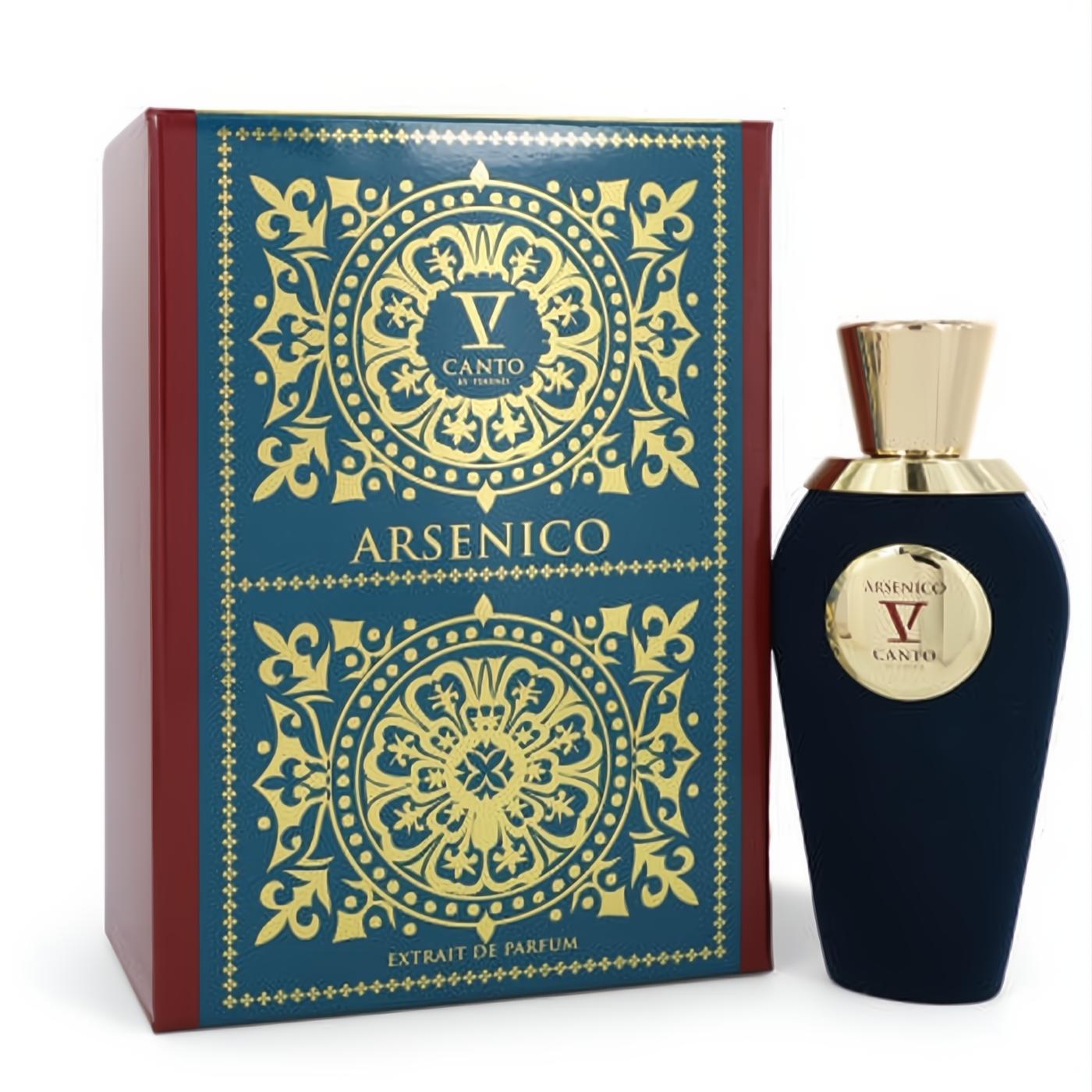 Captivating Arsenico V Canto unisex fragrance: dark blue velvet bottle with a gold cap, next to its ornate gold-filigree box.