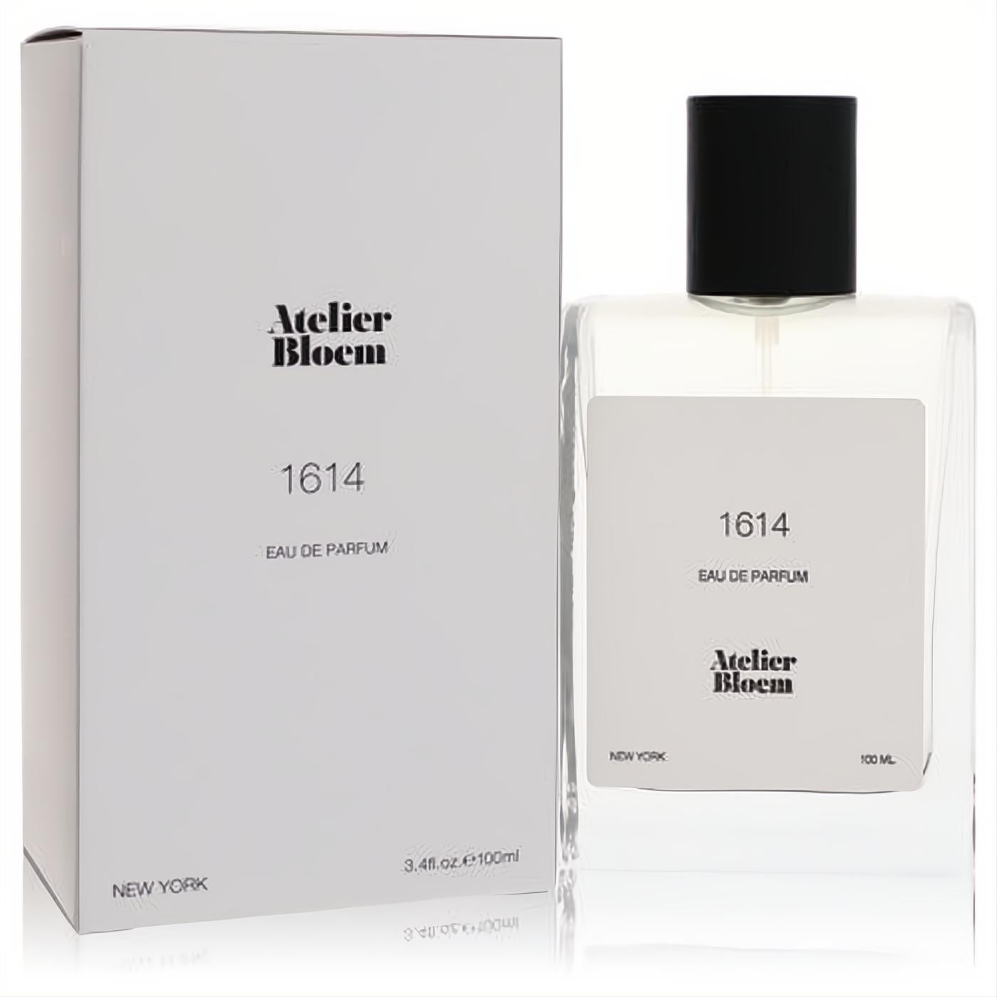 Chic Atelier Bloem 1614 unisex Eau De Parfum, 3.4 oz clear glass bottle with sleek black cap and minimalist white box.