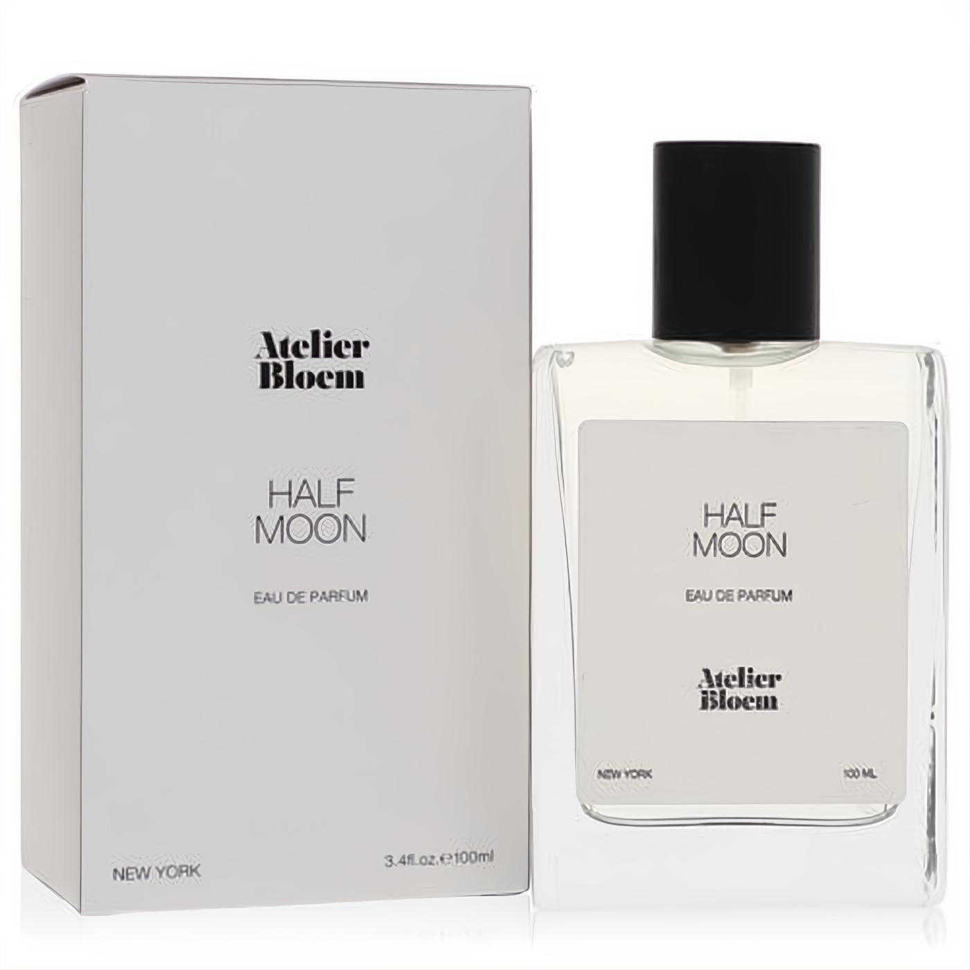Atelier Bloem Half Moon 3.4 oz unisex Eau De Parfum. Modern clear glass bottle with black cap and elegant white minimalist box.
