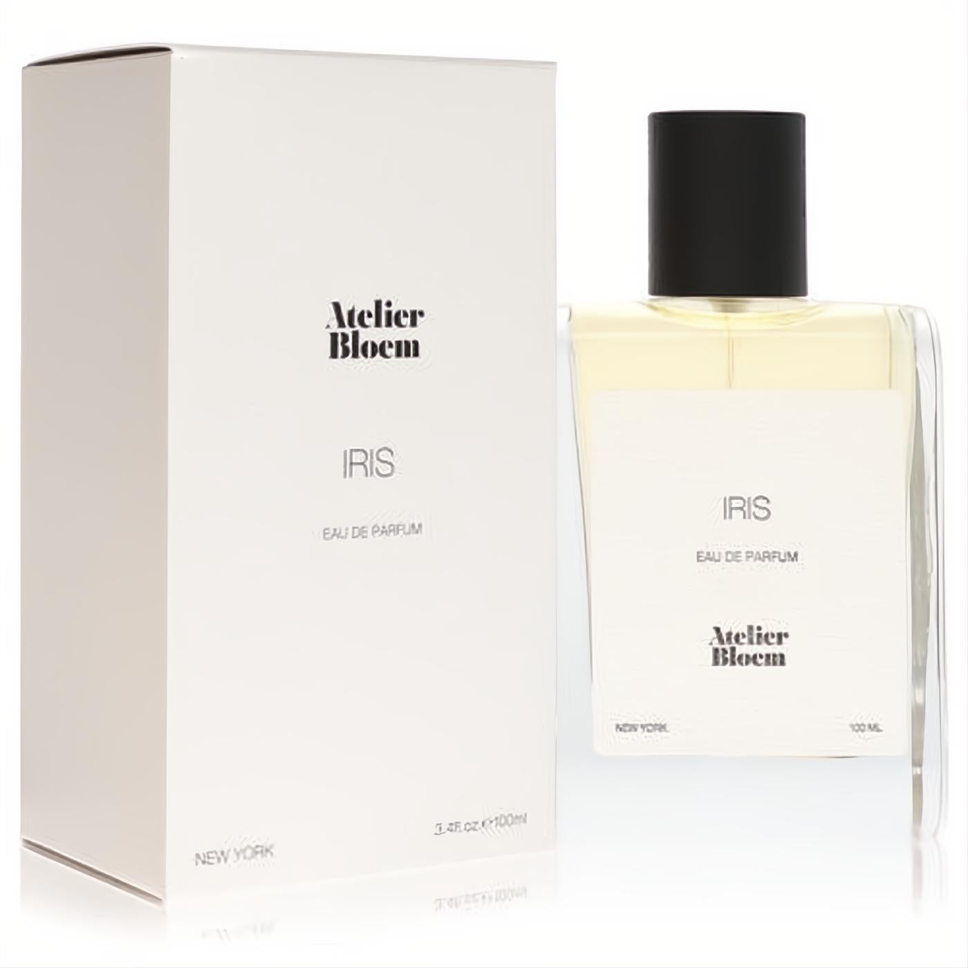 Atelier Bloem Iris 3.4 oz unisex eau de parfum. Golden liquid in a sleek clear glass bottle with black cap and crisp white box.
