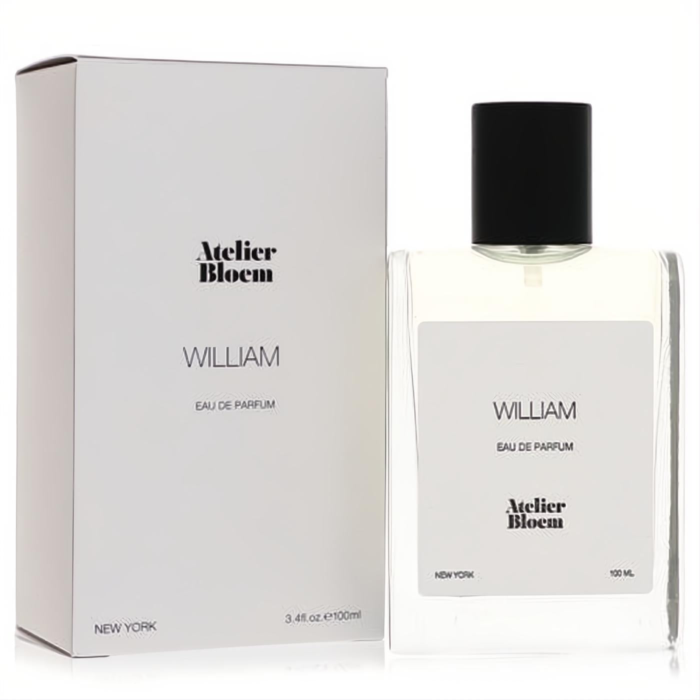 Atelier Bloem William 3.4 oz unisex Eau De Parfum. Modern clear glass bottle, black cap, and crisp white packaging.